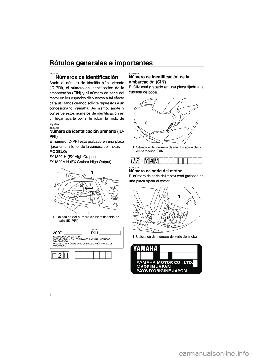 YAMAHA FX HO CRUISER 2009 Manuale de Empleo (in Spanish) Rótulos generales e importantes
1
SJU36450
Números de identificación
Anote el número de identificación primario
(ID-PRI), el número de identificación de la
embarcación (CIN) y el número de s YAMAHA FX HO CRUISER 2009 Manuale de Empleo (in Spanish) Rótulos generales e importantes
1
SJU36450
Números de identificación
Anote el número de identificación primario
(ID-PRI), el número de identificación de la
embarcación (CIN) y el número de s