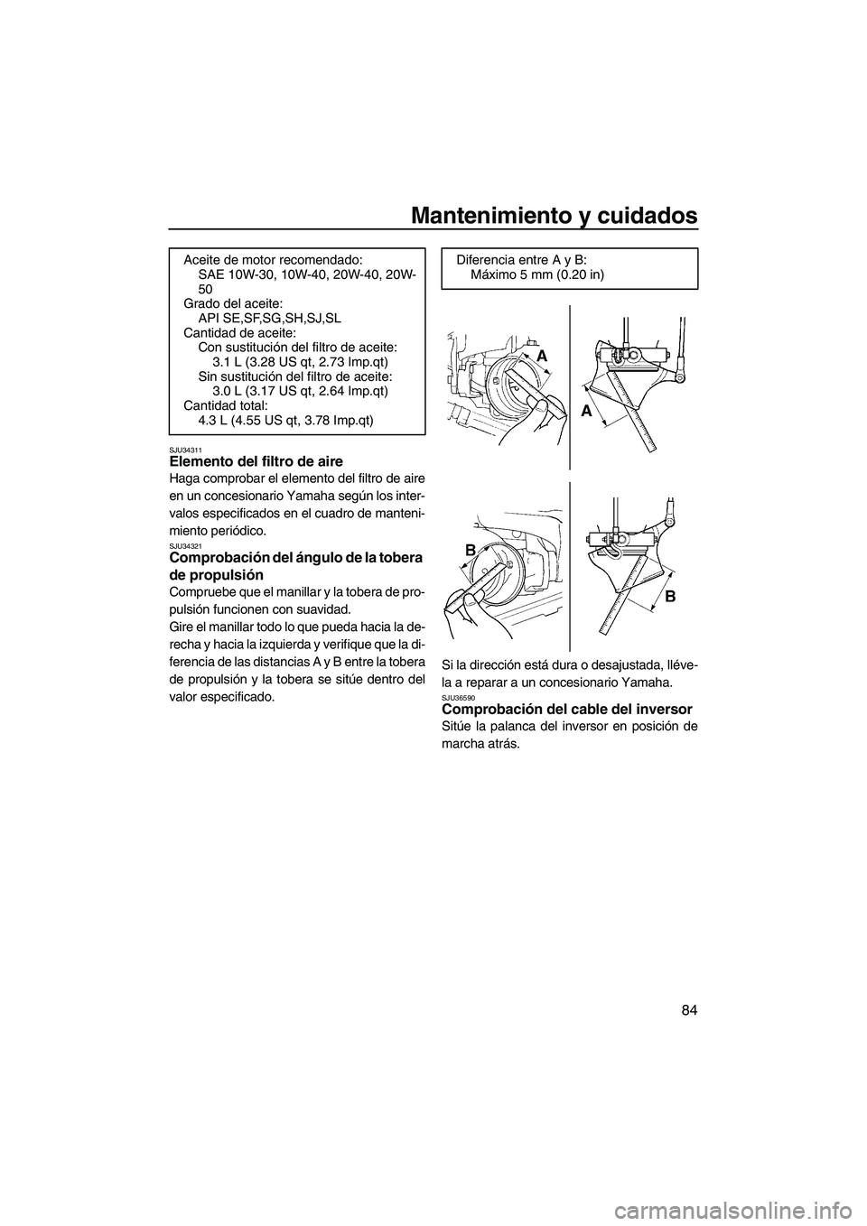 YAMAHA FX HO CRUISER 2009 Manuale de Empleo (in Spanish) Mantenimiento y cuidados
84
SJU34311Elemento del filtro de aire
Haga comprobar el elemento del filtro de aire
en un concesionario Yamaha según los inter-
valos especificados en el cuadro de manteni- YAMAHA FX HO CRUISER 2009 Manuale de Empleo (in Spanish) Mantenimiento y cuidados
84
SJU34311Elemento del filtro de aire
Haga comprobar el elemento del filtro de aire
en un concesionario Yamaha según los inter-
valos especificados en el cuadro de manteni-