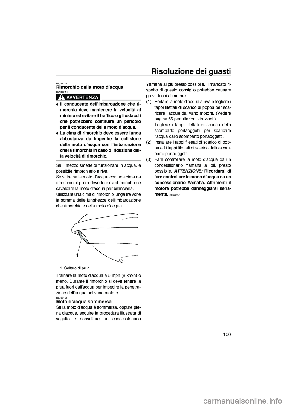 YAMAHA FX HO CRUISER 2009 Manuale duso (in Italian) Risoluzione dei guasti
100
HJU34711Rimorchio della moto d’acqua
AVVERTENZA
HWJ00811
Il conducente dell’imbarcazione che ri-
morchia deve mantenere la velocità al
minimo ed evitare il traffico o YAMAHA FX HO CRUISER 2009 Manuale duso (in Italian) Risoluzione dei guasti
100
HJU34711Rimorchio della moto d’acqua
AVVERTENZA
HWJ00811
Il conducente dell’imbarcazione che ri-
morchia deve mantenere la velocità al
minimo ed evitare il traffico o