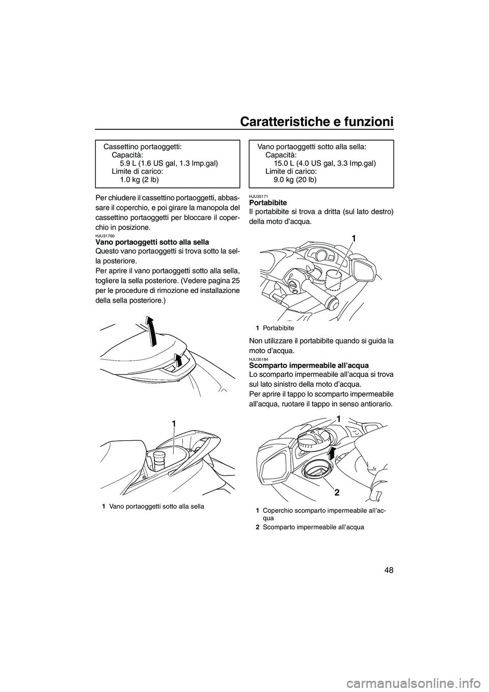 YAMAHA FX HO CRUISER 2009 Manuale duso (in Italian) Caratteristiche e funzioni
48
Per chiudere il cassettino portaoggetti, abbas-
sare il coperchio, e poi girare la manopola del
cassettino portaoggetti per bloccare il coper-
chio in posizione.
HJU31760 YAMAHA FX HO CRUISER 2009 Manuale duso (in Italian) Caratteristiche e funzioni
48
Per chiudere il cassettino portaoggetti, abbas-
sare il coperchio, e poi girare la manopola del
cassettino portaoggetti per bloccare il coper-
chio in posizione.
HJU31760