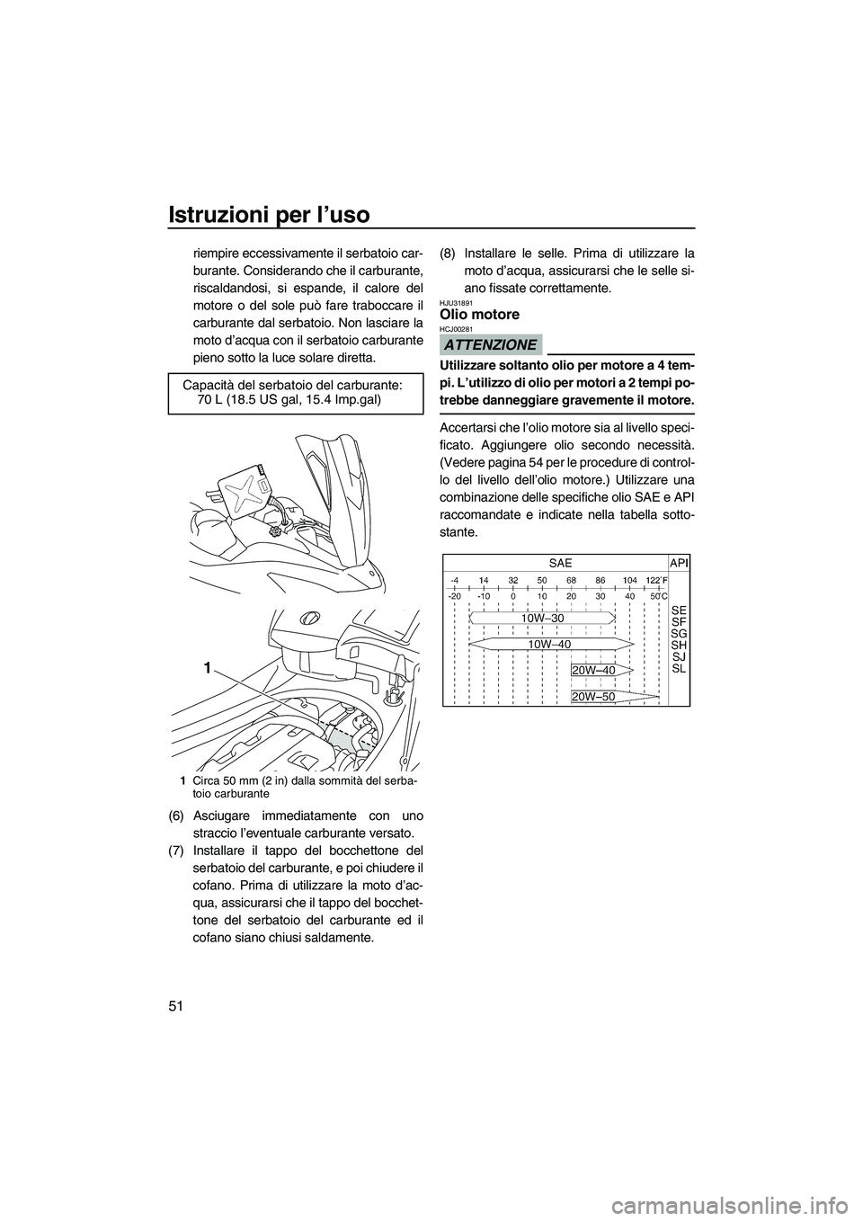 YAMAHA FX HO CRUISER 2009 Manuale duso (in Italian) Istruzioni per l’uso
51
riempire eccessivamente il serbatoio car-
burante. Considerando che il carburante,
riscaldandosi, si espande, il calore del
motore o del sole può fare traboccare il
carburan YAMAHA FX HO CRUISER 2009 Manuale duso (in Italian) Istruzioni per l’uso
51
riempire eccessivamente il serbatoio car-
burante. Considerando che il carburante,
riscaldandosi, si espande, il calore del
motore o del sole può fare traboccare il
carburan
