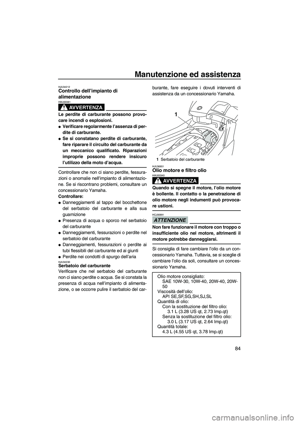YAMAHA FX HO CRUISER 2009 Manuale duso (in Italian) Manutenzione ed assistenza
84
HJU34212Controllo dell’impianto di
alimentazione
AVVERTENZA
HWJ00381
Le perdite di carburante possono provo-
care incendi o esplosioni.
Verificare regolarmente l’a YAMAHA FX HO CRUISER 2009 Manuale duso (in Italian) Manutenzione ed assistenza
84
HJU34212Controllo dell’impianto di
alimentazione
AVVERTENZA
HWJ00381
Le perdite di carburante possono provo-
care incendi o esplosioni.
Verificare regolarmente l’a