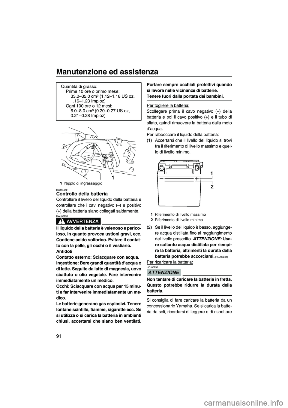 YAMAHA FX HO CRUISER 2009 Manuale duso (in Italian) Manutenzione ed assistenza
91
HJU34452Controllo della batteria
Controllare il livello del liquido della batteria e
controllare che i cavi negativo (–) e positivo
(+) della batteria siano collegati YAMAHA FX HO CRUISER 2009 Manuale duso (in Italian) Manutenzione ed assistenza
91
HJU34452Controllo della batteria
Controllare il livello del liquido della batteria e
controllare che i cavi negativo (–) e positivo
(+) della batteria siano collegati