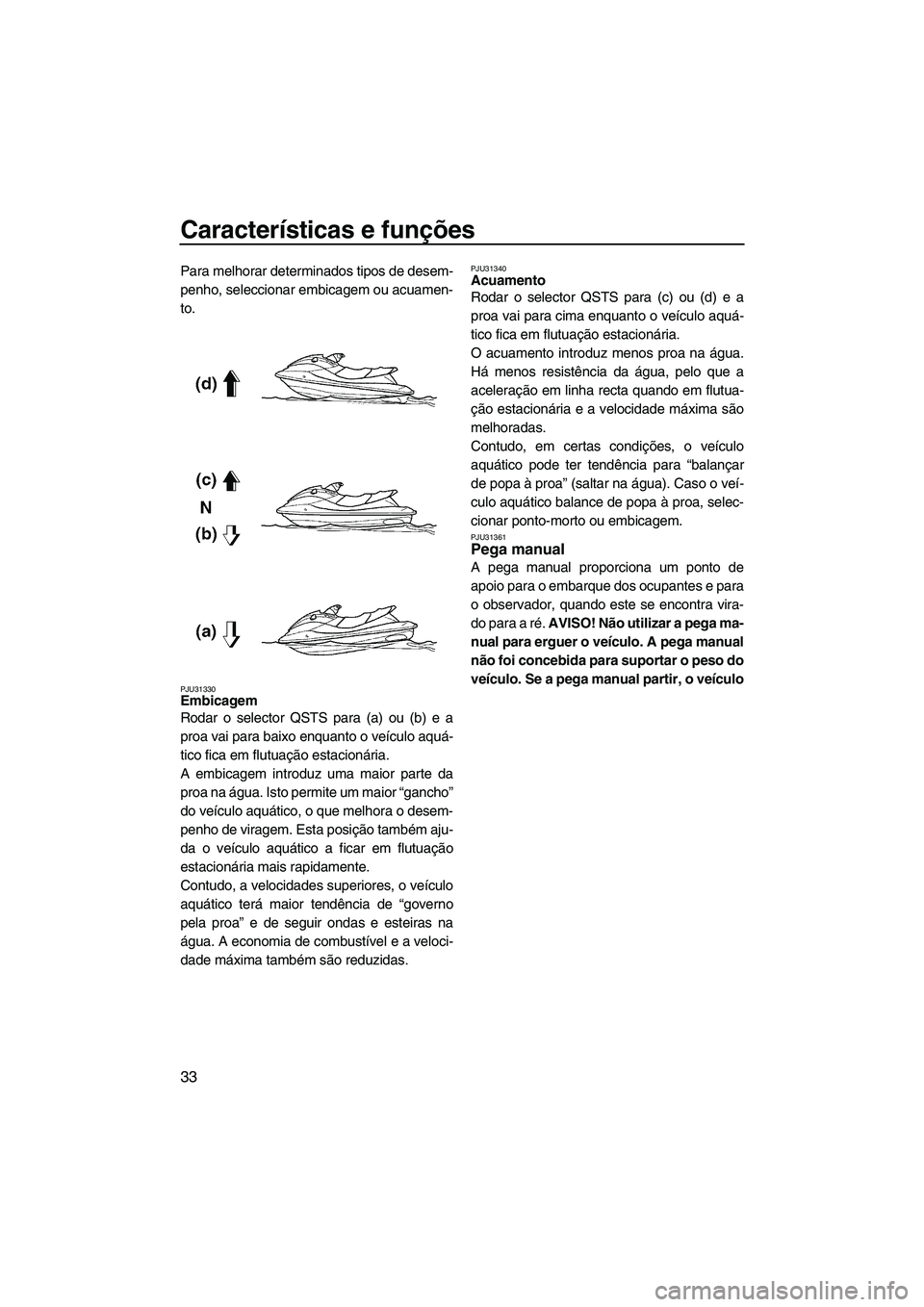 YAMAHA FX HO CRUISER 2009 Manual de utilização (in Portuguese) Características e funções
33
Para melhorar determinados tipos de desem-
penho, seleccionar embicagem ou acuamen-
to.
PJU31330Embicagem
Rodar o selector QSTS para (a) ou (b) e a
proa vai para baixo YAMAHA FX HO CRUISER 2009 Manual de utilização (in Portuguese) Características e funções
33
Para melhorar determinados tipos de desem-
penho, seleccionar embicagem ou acuamen-
to.
PJU31330Embicagem
Rodar o selector QSTS para (a) ou (b) e a
proa vai para baixo