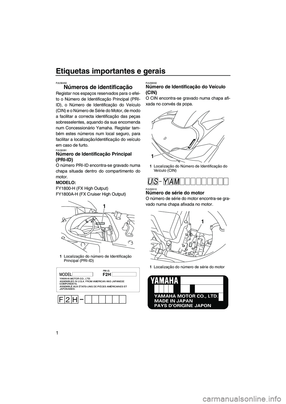 YAMAHA FX HO CRUISER 2009 Manual de utilização (in Portuguese) Etiquetas importantes e gerais
1
PJU36450
Números de identificação
Registar nos espaços reservados para o efei-
to o Número de Identificação Principal (PRI-
ID), o Número de Identificação d YAMAHA FX HO CRUISER 2009 Manual de utilização (in Portuguese) Etiquetas importantes e gerais
1
PJU36450
Números de identificação
Registar nos espaços reservados para o efei-
to o Número de Identificação Principal (PRI-
ID), o Número de Identificação d