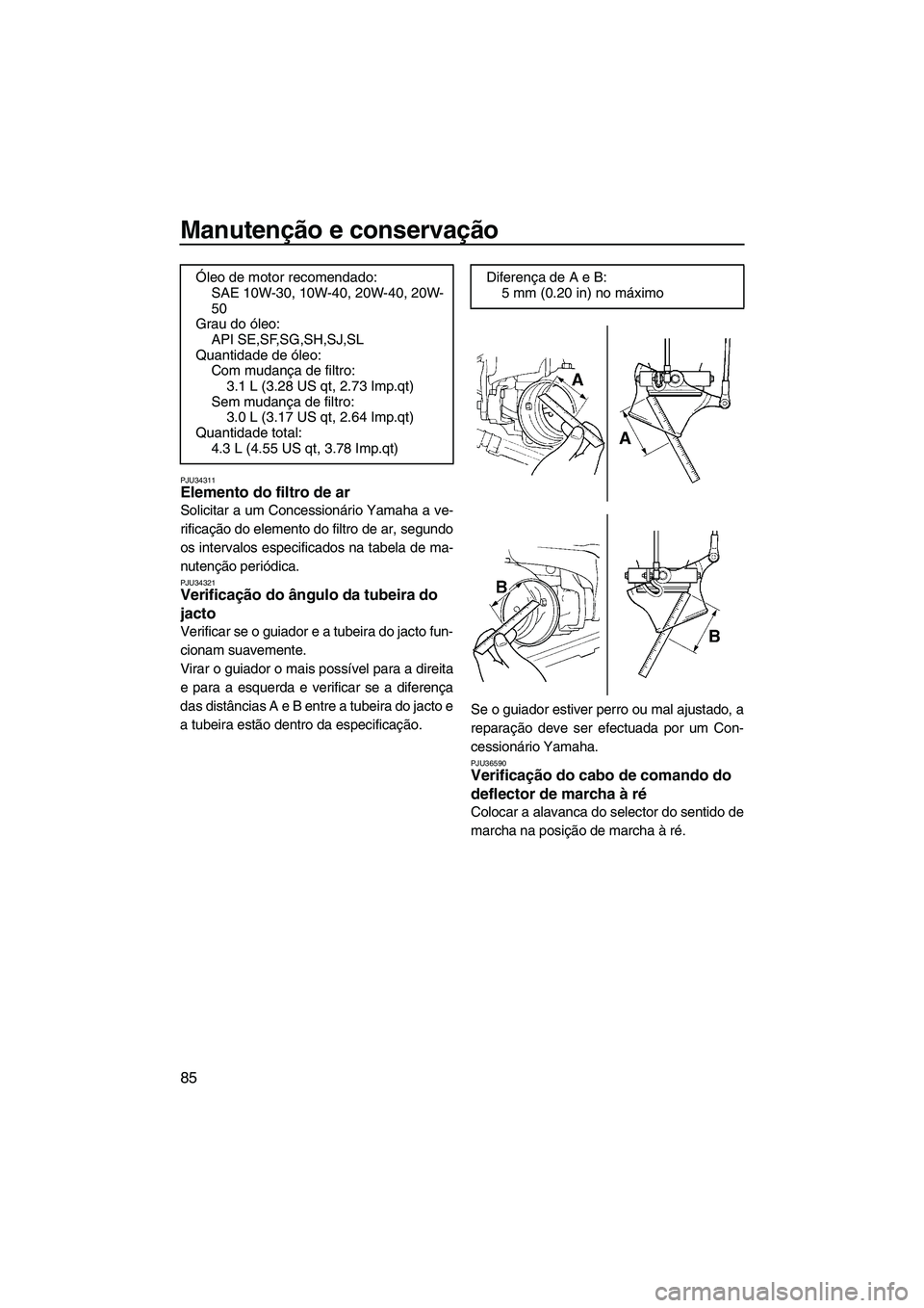 YAMAHA FX HO CRUISER 2009 Manual de utilização (in Portuguese) Manutenção e conservação
85
PJU34311Elemento do filtro de ar
Solicitar a um Concessionário Yamaha a ve-
rificação do elemento do filtro de ar, segundo
os intervalos especificados na tabela de YAMAHA FX HO CRUISER 2009 Manual de utilização (in Portuguese) Manutenção e conservação
85
PJU34311Elemento do filtro de ar
Solicitar a um Concessionário Yamaha a ve-
rificação do elemento do filtro de ar, segundo
os intervalos especificados na tabela de