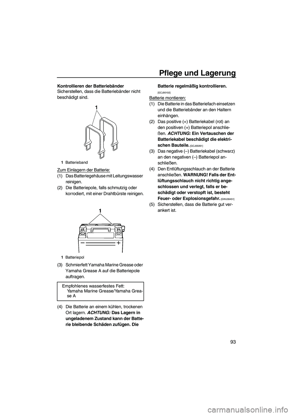 YAMAHA FX SHO 2010 Betriebsanleitungen (in German) Pflege und Lagerung
93
Kontrollieren der Batteriebänder
Sicherstellen, dass die Batteriebänder nicht
beschädigt sind.
Zum Einlagern der Batterie:
(1) Das Batteriegehäuse mit Leitungswasser
reini YAMAHA FX SHO 2010 Betriebsanleitungen (in German) Pflege und Lagerung
93
Kontrollieren der Batteriebänder
Sicherstellen, dass die Batteriebänder nicht
beschädigt sind.
Zum Einlagern der Batterie:
(1) Das Batteriegehäuse mit Leitungswasser
reini