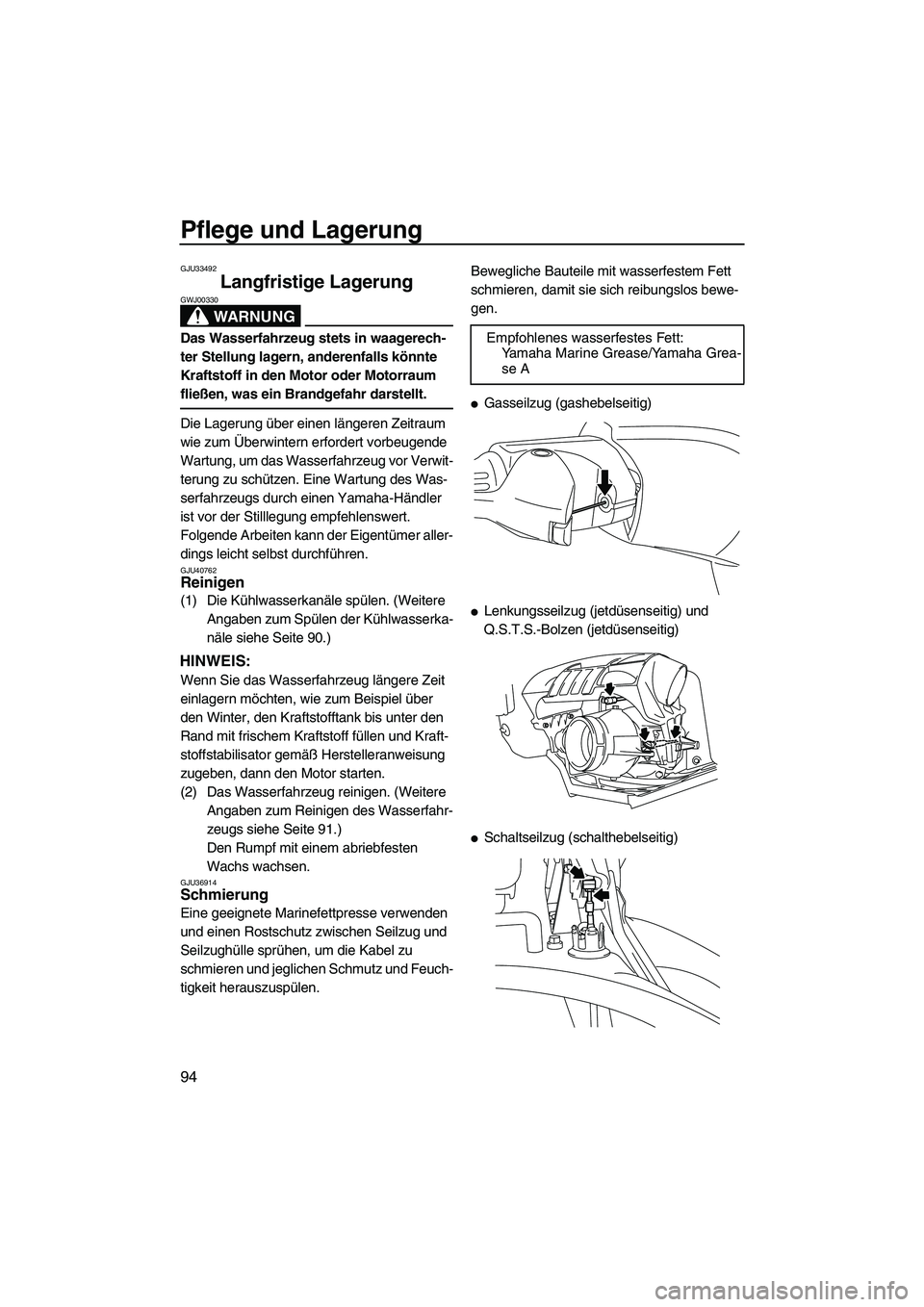 YAMAHA FX SHO 2010 Betriebsanleitungen (in German) Pflege und Lagerung
94
GJU33492
Langfristige Lagerung
WARNUNG
GWJ00330
Das Wasserfahrzeug stets in waagerech-
ter Stellung lagern, anderenfalls könnte
Kraftstoff in den Motor oder Motorraum
fließ YAMAHA FX SHO 2010 Betriebsanleitungen (in German) Pflege und Lagerung
94
GJU33492
Langfristige Lagerung
WARNUNG
GWJ00330
Das Wasserfahrzeug stets in waagerech-
ter Stellung lagern, anderenfalls könnte
Kraftstoff in den Motor oder Motorraum
fließ