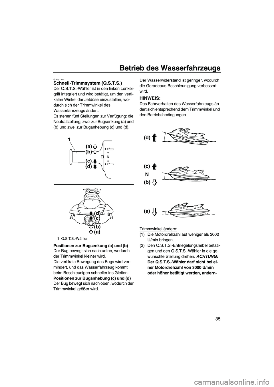YAMAHA FX SHO 2010 Betriebsanleitungen (in German) Betrieb des Wasserfahrzeugs
35
GJU31317Schnell-Trimmsystem (Q.S.T.S.)
Der Q.S.T.S.-Wähler ist in den linken Lenker-
griff integriert und wird betätigt, um den verti-
kalen Winkel der Jetdüse einzu YAMAHA FX SHO 2010 Betriebsanleitungen (in German) Betrieb des Wasserfahrzeugs
35
GJU31317Schnell-Trimmsystem (Q.S.T.S.)
Der Q.S.T.S.-Wähler ist in den linken Lenker-
griff integriert und wird betätigt, um den verti-
kalen Winkel der Jetdüse einzu