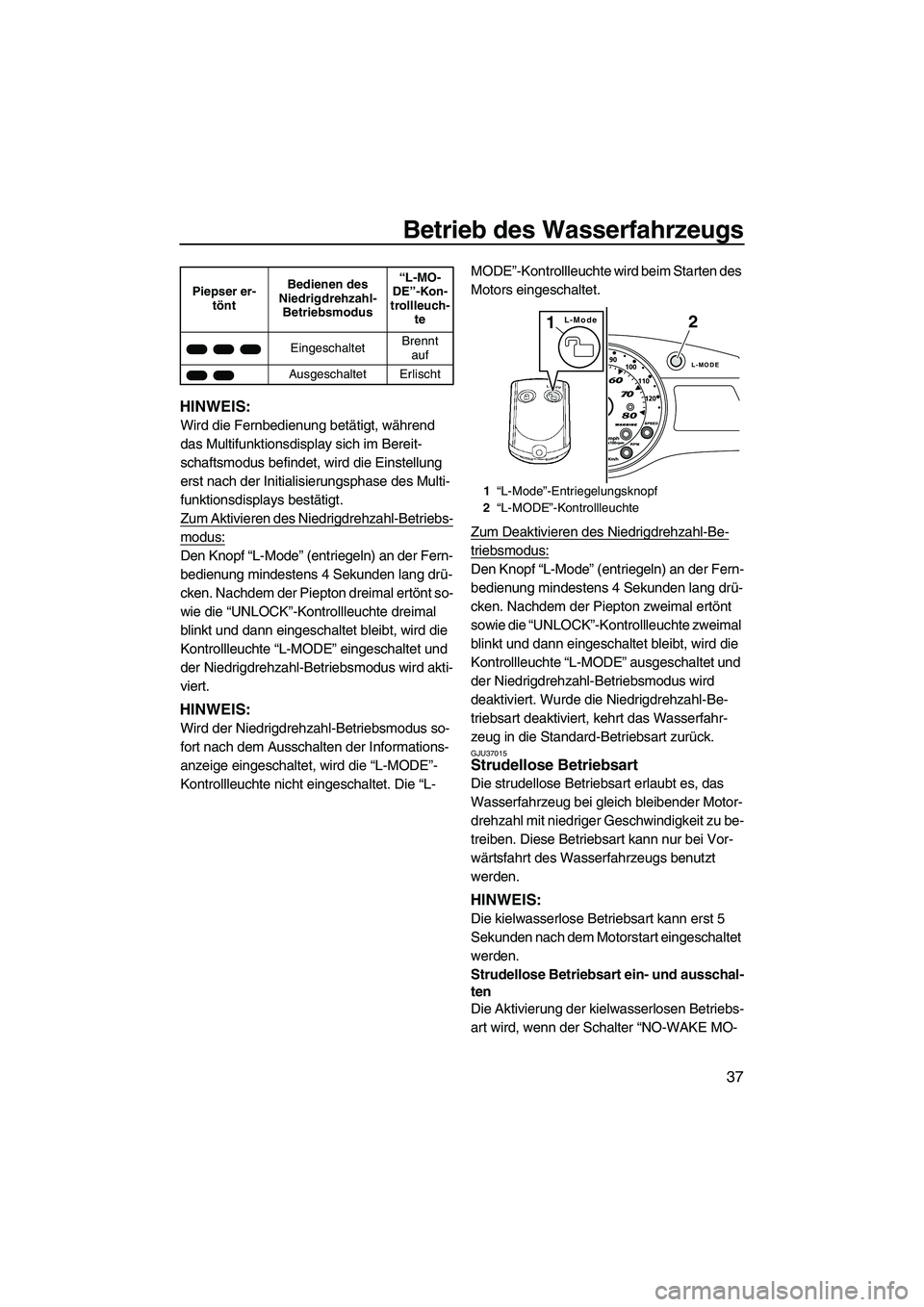 YAMAHA FX SHO 2010 Betriebsanleitungen (in German) Betrieb des Wasserfahrzeugs
37
HINWEIS:
Wird die Fernbedienung betätigt, während
das Multifunktionsdisplay sich im Bereit-
schaftsmodus befindet, wird die Einstellung
erst nach der Initialisierung YAMAHA FX SHO 2010 Betriebsanleitungen (in German) Betrieb des Wasserfahrzeugs
37
HINWEIS:
Wird die Fernbedienung betätigt, während
das Multifunktionsdisplay sich im Bereit-
schaftsmodus befindet, wird die Einstellung
erst nach der Initialisierung