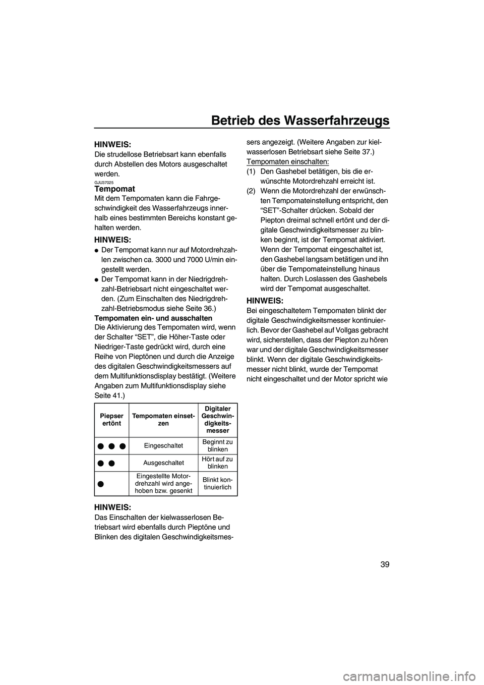 YAMAHA FX SHO 2010 Betriebsanleitungen (in German) Betrieb des Wasserfahrzeugs
39
HINWEIS:
Die strudellose Betriebsart kann ebenfalls
durch Abstellen des Motors ausgeschaltet
werden.
GJU37025Tempomat
Mit dem Tempomaten kann die Fahrge-
schwindigkei YAMAHA FX SHO 2010 Betriebsanleitungen (in German) Betrieb des Wasserfahrzeugs
39
HINWEIS:
Die strudellose Betriebsart kann ebenfalls
durch Abstellen des Motors ausgeschaltet
werden.
GJU37025Tempomat
Mit dem Tempomaten kann die Fahrge-
schwindigkei