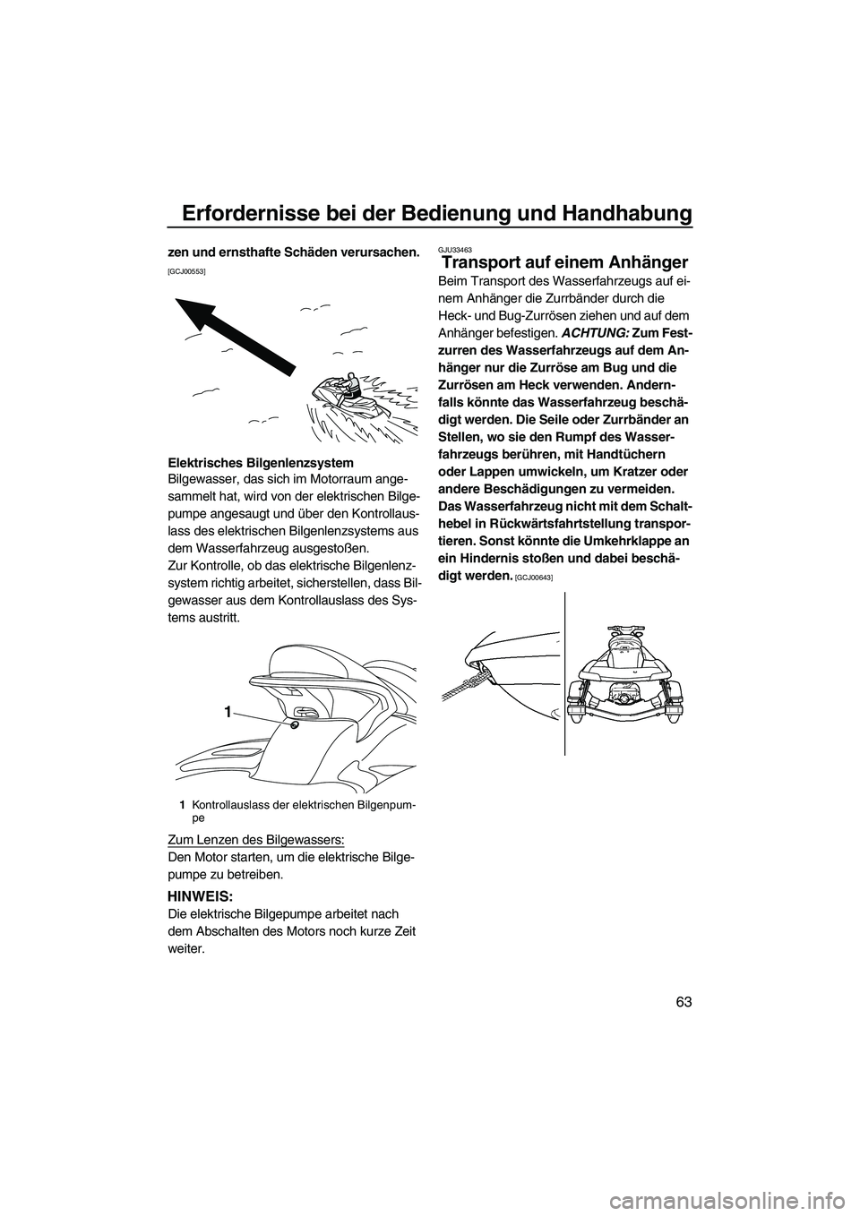 YAMAHA FX SHO 2010  Betriebsanleitungen (in German) Erfordernisse bei der Bedienung und Handhabung
63
zen und ernsthafte Schäden verursachen. 
[GCJ00553]
Elektrisches Bilgenlenzsystem
Bilgewasser, das sich im Motorraum ange-
sammelt hat, wird von der 