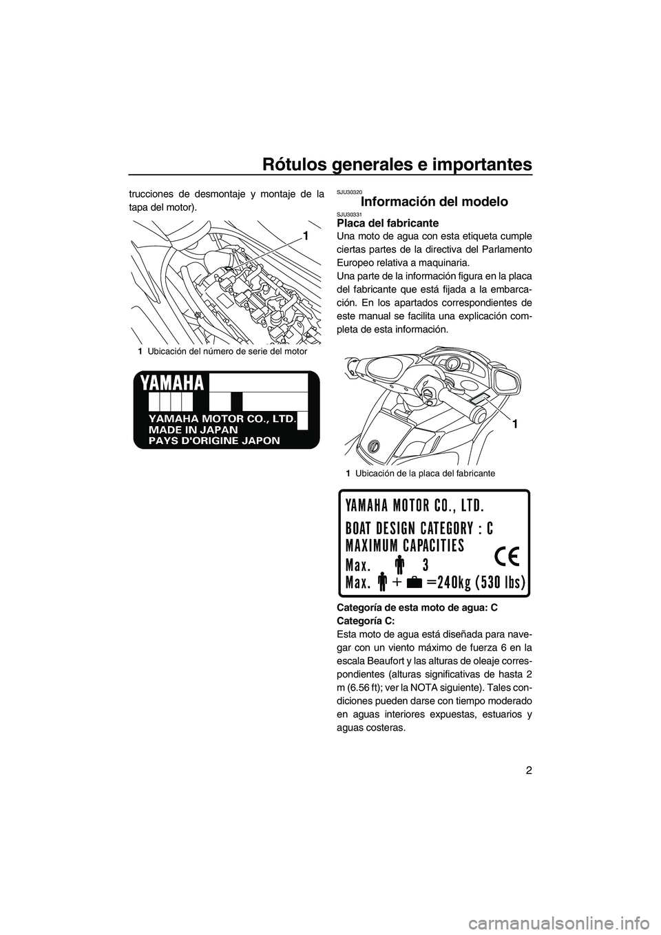 YAMAHA FX SHO 2010  Manuale de Empleo (in Spanish) Rótulos generales e importantes
2
trucciones de desmontaje y montaje de la
tapa del motor).SJU30320
Información del modelo SJU30331Placa del fabricante 
Una moto de agua con esta etiqueta cumple
cie