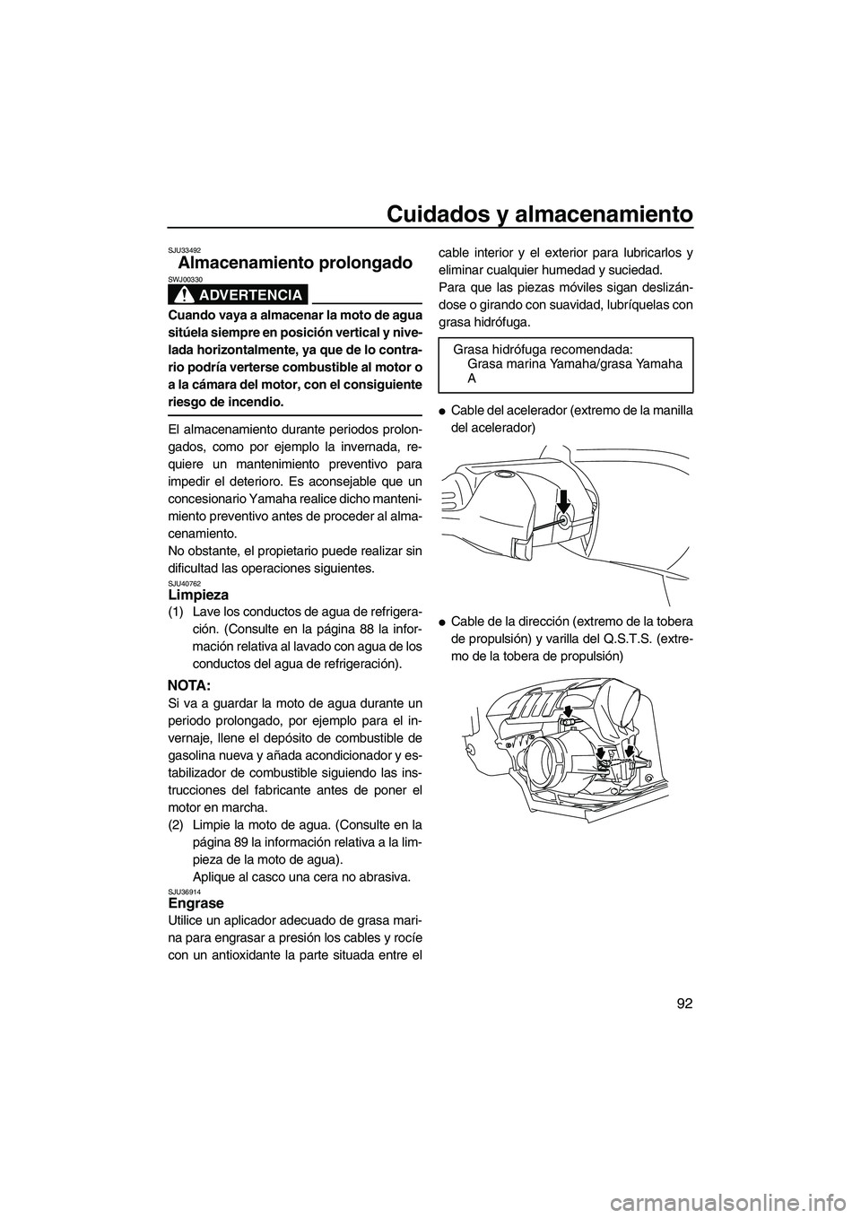 YAMAHA FX SHO 2010 Manuale de Empleo (in Spanish) Cuidados y almacenamiento
92
SJU33492
Almacenamiento prolongado
ADVERTENCIA
SWJ00330
Cuando vaya a almacenar la moto de agua
sitúela siempre en posición vertical y nive-
lada horizontalmente, ya qu YAMAHA FX SHO 2010 Manuale de Empleo (in Spanish) Cuidados y almacenamiento
92
SJU33492
Almacenamiento prolongado
ADVERTENCIA
SWJ00330
Cuando vaya a almacenar la moto de agua
sitúela siempre en posición vertical y nive-
lada horizontalmente, ya qu