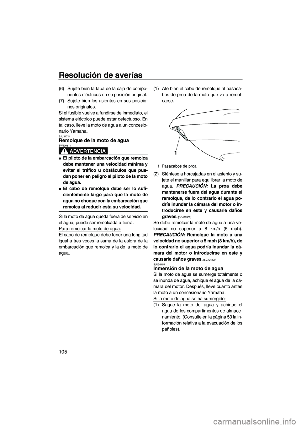 YAMAHA FX SHO 2010  Manuale de Empleo (in Spanish) Resolución de averías
105
(6) Sujete bien la tapa de la caja de compo-
nentes eléctricos en su posición original.
(7) Sujete bien los asientos en sus posicio-
nes originales.
Si el fusible vuelve 