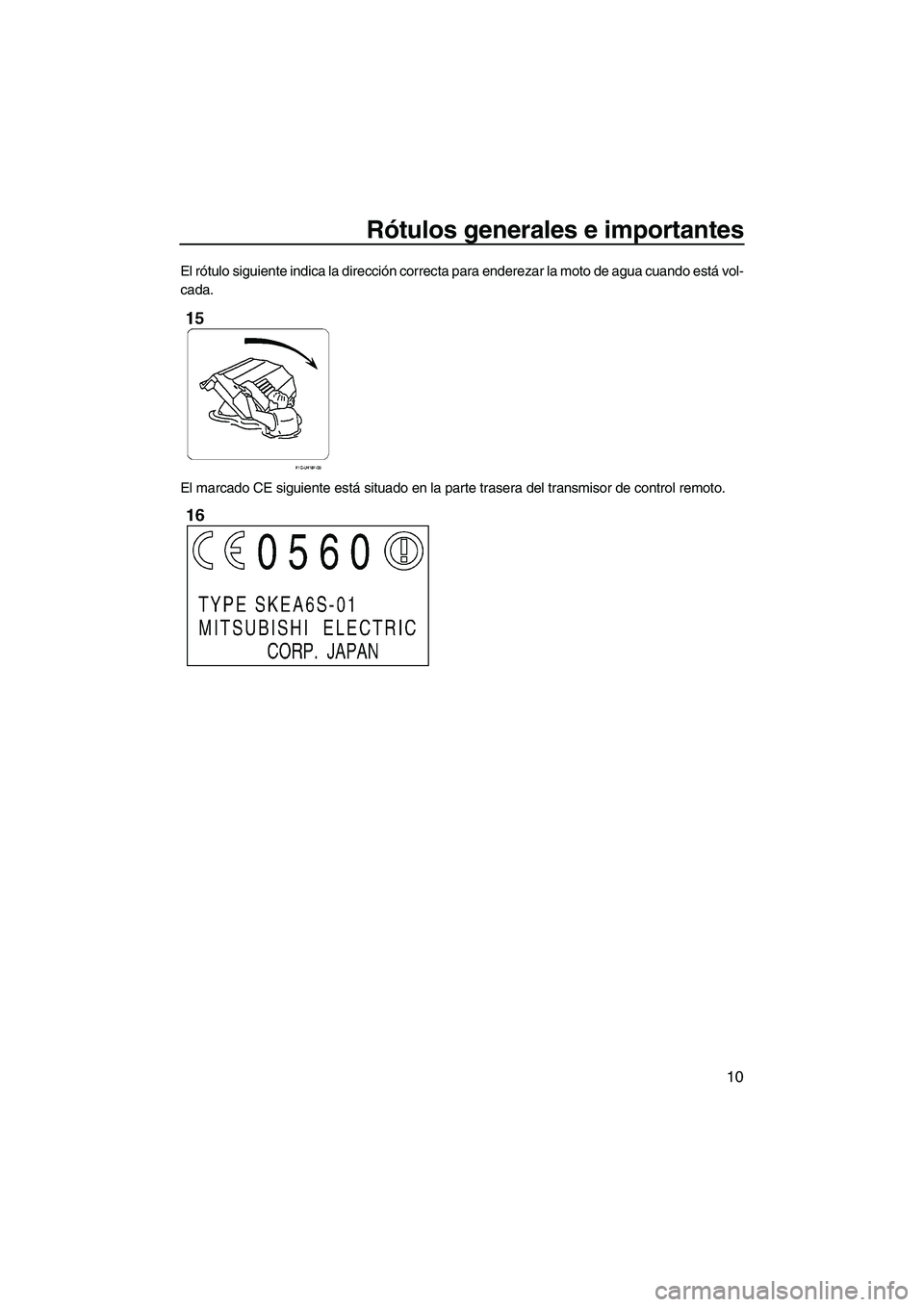YAMAHA FX SHO 2010  Manuale de Empleo (in Spanish) Rótulos generales e importantes
10
El rótulo siguiente indica la dirección correcta para enderezar la moto de agua cuando está vol-
cada.
El marcado CE siguiente está situado en la parte trasera 