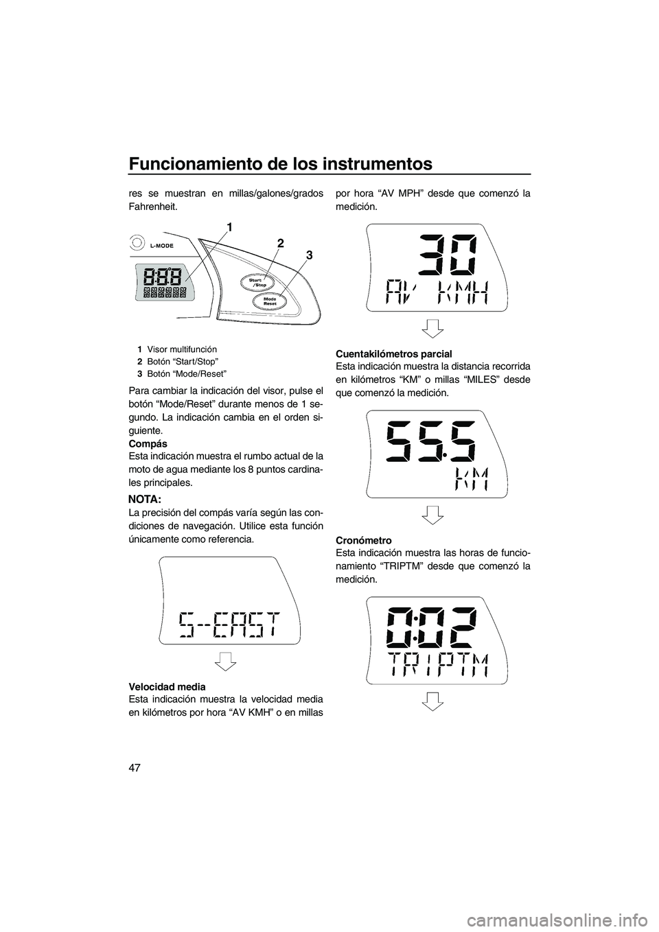 YAMAHA FX SHO 2010  Manuale de Empleo (in Spanish) Funcionamiento de los instrumentos
47
res se muestran en millas/galones/grados
Fahrenheit.
Para cambiar la indicación del visor, pulse el
botón “Mode/Reset” durante menos de 1 se-
gundo. La indi