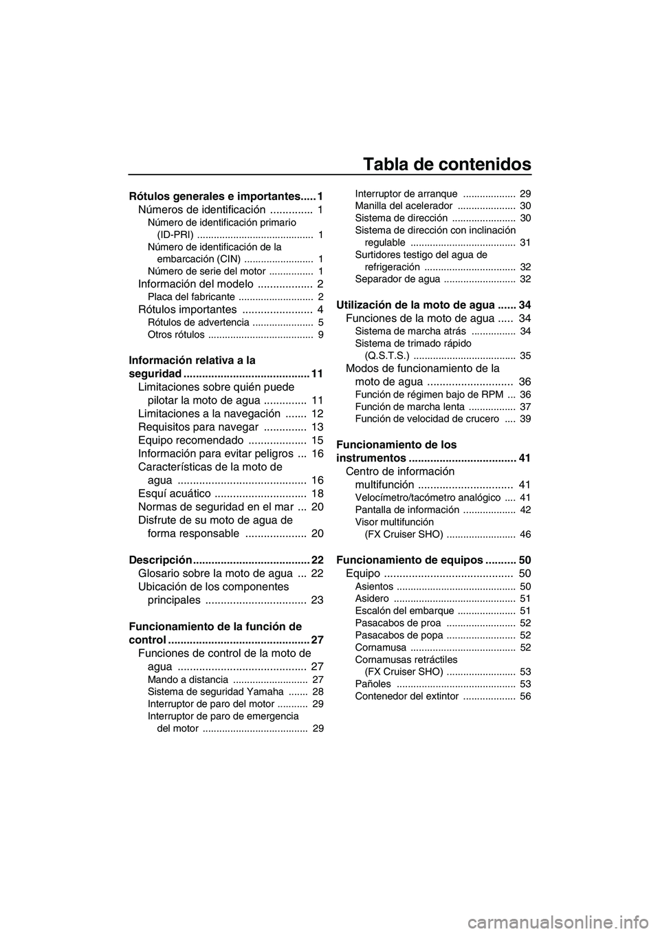 YAMAHA FX SHO 2010 Manuale de Empleo (in Spanish) Tabla de contenidos
Rótulos generales e importantes..... 1
Números de identificación .............. 1
Número de identificación primario
(ID-PRI) .......................................... 1
N YAMAHA FX SHO 2010 Manuale de Empleo (in Spanish) Tabla de contenidos
Rótulos generales e importantes..... 1
Números de identificación .............. 1
Número de identificación primario
(ID-PRI) .......................................... 1
N