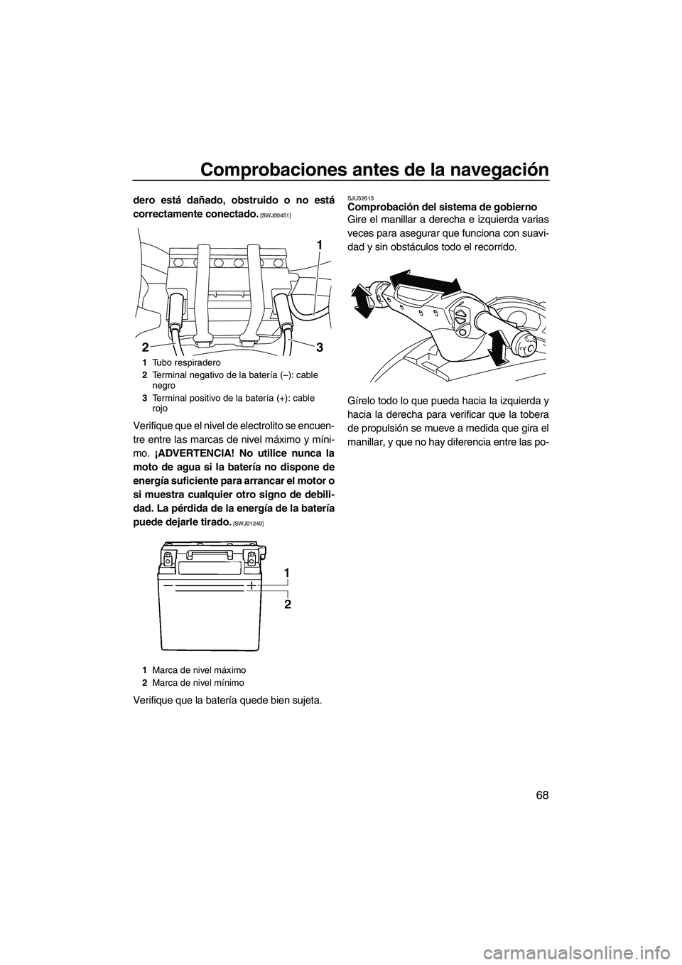 YAMAHA FX SHO 2010  Manuale de Empleo (in Spanish) Comprobaciones antes de la navegación
68
dero está dañado, obstruido o no está
correctamente conectado.
 [SWJ00451]
Verifique que el nivel de electrolito se encuen-
tre entre las marcas de nivel m