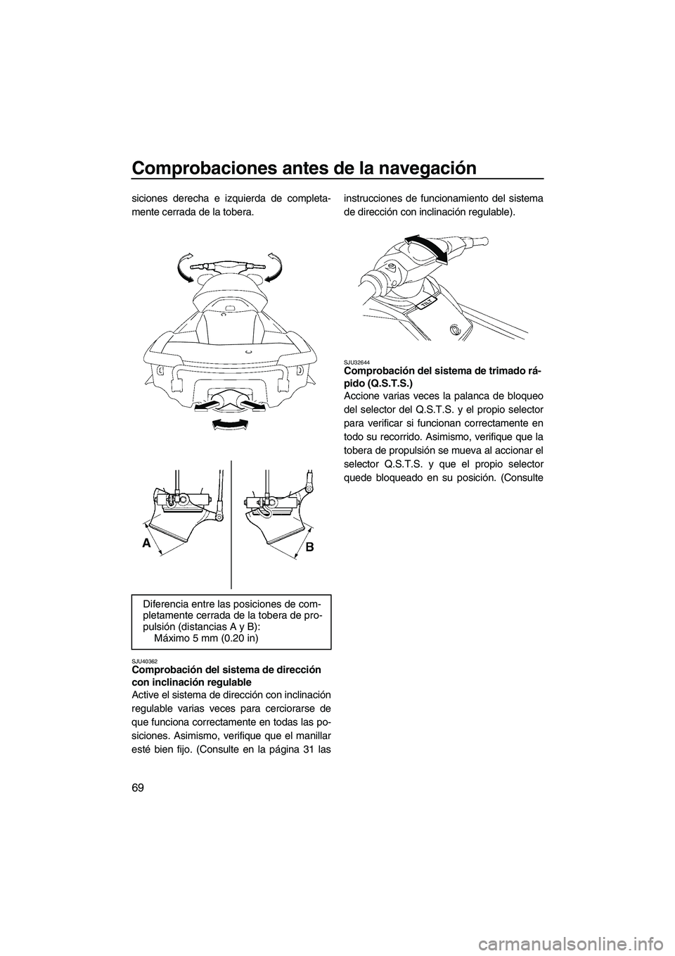 YAMAHA FX SHO 2010  Manuale de Empleo (in Spanish) Comprobaciones antes de la navegación
69
siciones derecha e izquierda de completa-
mente cerrada de la tobera.
SJU40362Comprobación del sistema de dirección 
con inclinación regulable 
Active el s