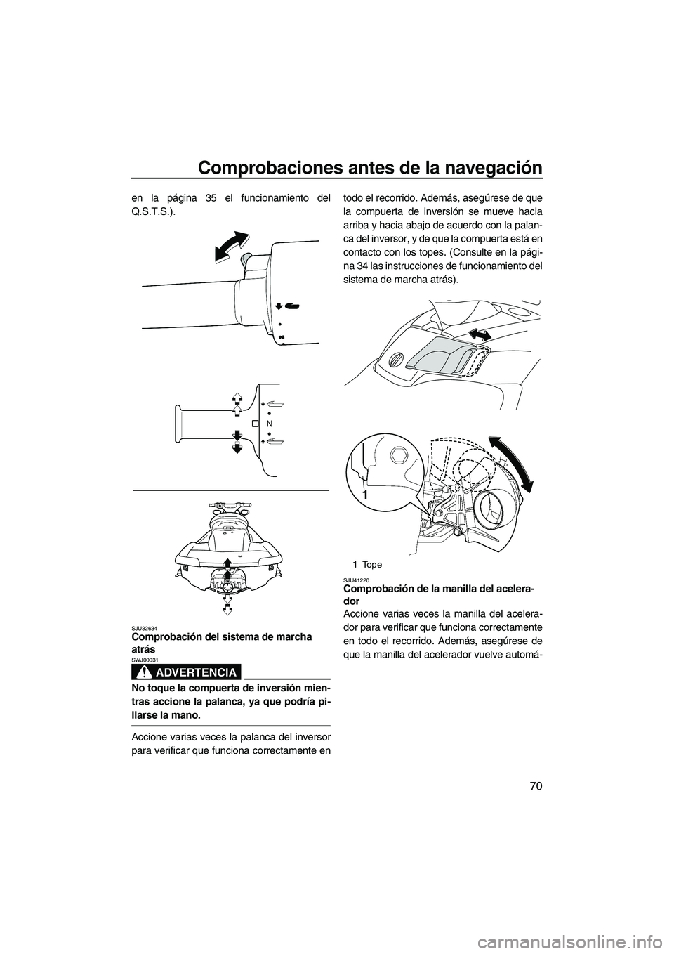 YAMAHA FX SHO 2010  Manuale de Empleo (in Spanish) Comprobaciones antes de la navegación
70
en la página 35 el funcionamiento del
Q.S.T.S.).
SJU32634Comprobación del sistema de marcha 
atrás 
ADVERTENCIA
SWJ00031
No toque la compuerta de inversió