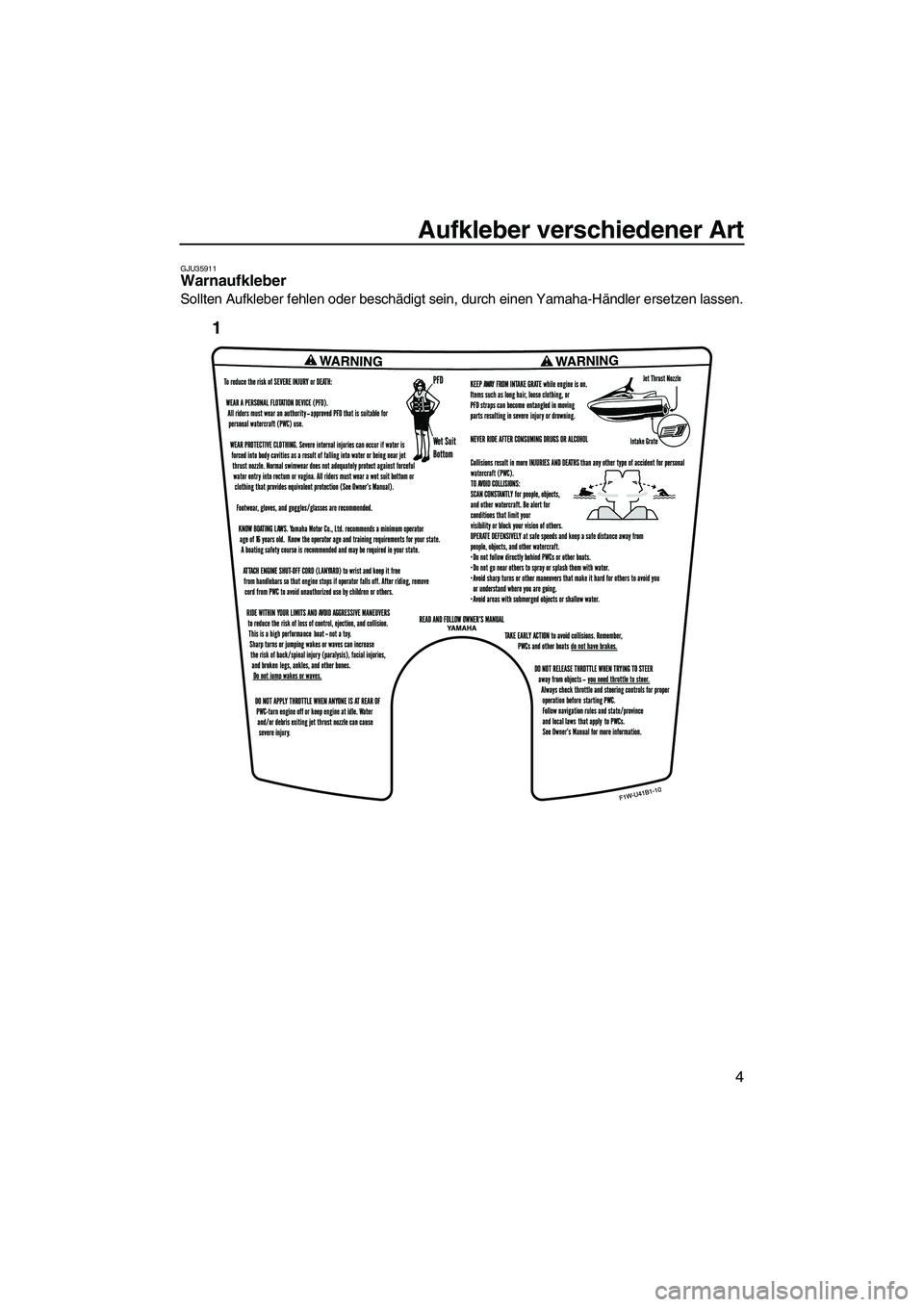 YAMAHA SVHO 2009  Betriebsanleitungen (in German) Aufkleber verschiedener Art
4
GJU35911Warnaufkleber 
Sollten Aufkleber fehlen oder beschädigt sein, durch einen Yamaha-Händler ersetzen lassen.
UF1W71G0.book  Page 4  Tuesday, July 1, 2008  11:53 AM