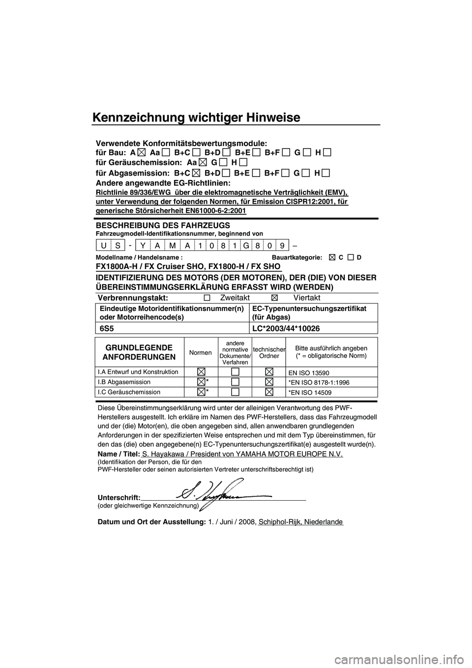 YAMAHA SVHO 2009  Betriebsanleitungen (in German) Kennzeichnung wichtiger Hinweise
Diese Übereinstimmungserklärung wird unter der alleinigen Verantwortung des PWF-
Herstellers ausgestellt. Ich erkläre im Namen des PWF-Herstellers, dass das Fahrzeu