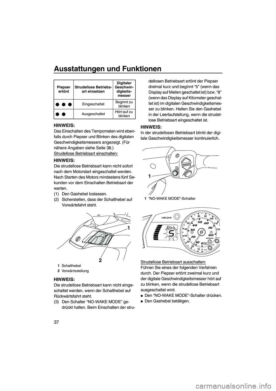 YAMAHA SVHO 2009 Betriebsanleitungen (in German) Ausstattungen und Funktionen
37
HINWEIS:
Das Einschalten des Tempomaten wird eben-
falls durch Piepser und Blinken des digitalen
Geschwindigkeitsmessers angezeigt. (Für
nähere Angaben siehe Seite YAMAHA SVHO 2009 Betriebsanleitungen (in German) Ausstattungen und Funktionen
37
HINWEIS:
Das Einschalten des Tempomaten wird eben-
falls durch Piepser und Blinken des digitalen
Geschwindigkeitsmessers angezeigt. (Für
nähere Angaben siehe Seite
