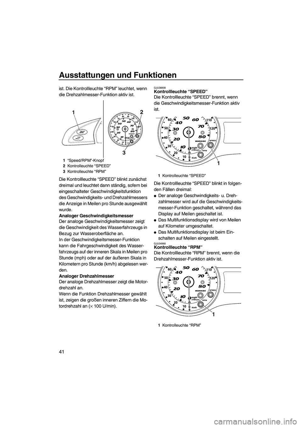 YAMAHA SVHO 2009 Betriebsanleitungen (in German) Ausstattungen und Funktionen
41
ist. Die Kontrollleuchte “RPM” leuchtet, wenn
die Drehzahlmesser-Funktion aktiv ist.
Die Kontrollleuchte “SPEED” blinkt zunächst
dreimal und leuchtet dann st YAMAHA SVHO 2009 Betriebsanleitungen (in German) Ausstattungen und Funktionen
41
ist. Die Kontrollleuchte “RPM” leuchtet, wenn
die Drehzahlmesser-Funktion aktiv ist.
Die Kontrollleuchte “SPEED” blinkt zunächst
dreimal und leuchtet dann st