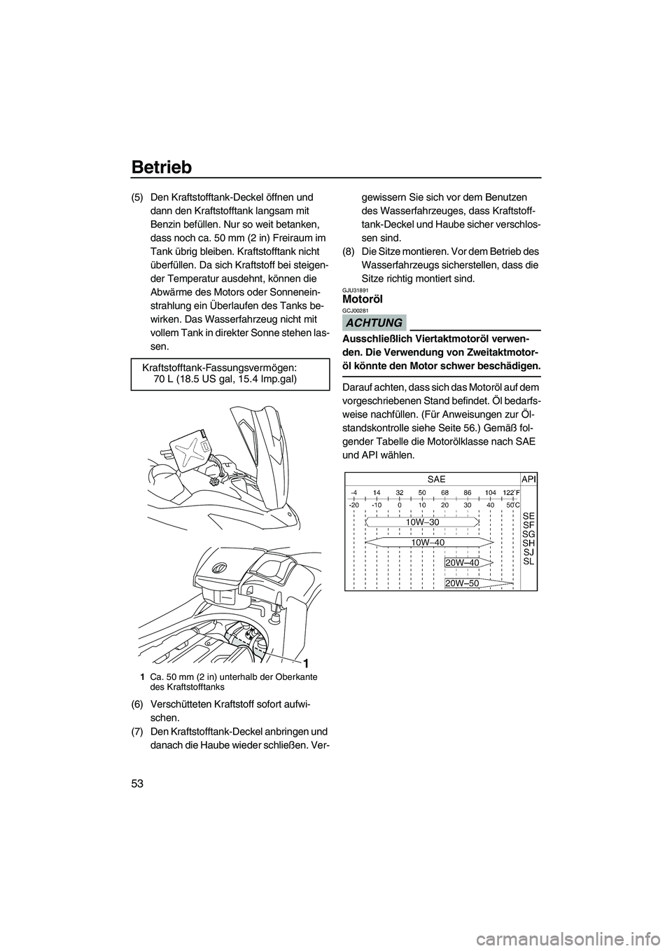 YAMAHA SVHO 2009 Betriebsanleitungen (in German) Betrieb
53
(5) Den Kraftstofftank-Deckel öffnen und
dann den Kraftstofftank langsam mit
Benzin befüllen. Nur so weit betanken,
dass noch ca. 50 mm (2 in) Freiraum im
Tank übrig bleiben. Kraftst YAMAHA SVHO 2009 Betriebsanleitungen (in German) Betrieb
53
(5) Den Kraftstofftank-Deckel öffnen und
dann den Kraftstofftank langsam mit
Benzin befüllen. Nur so weit betanken,
dass noch ca. 50 mm (2 in) Freiraum im
Tank übrig bleiben. Kraftst