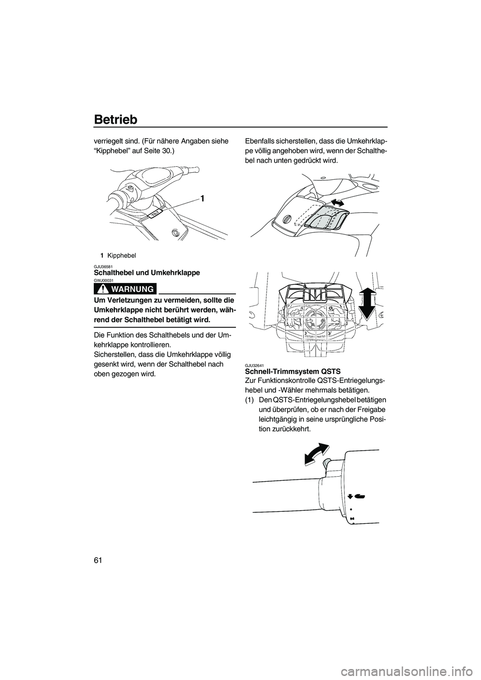 YAMAHA SVHO 2009  Betriebsanleitungen (in German) Betrieb
61
verriegelt sind. (Für nähere Angaben siehe 
“Kipphebel” auf Seite 30.)
GJU36581Schalthebel und Umkehrklappe 
WARNUNG
GWJ00031
Um Verletzungen zu vermeiden, sollte die 
Umkehrklappe ni