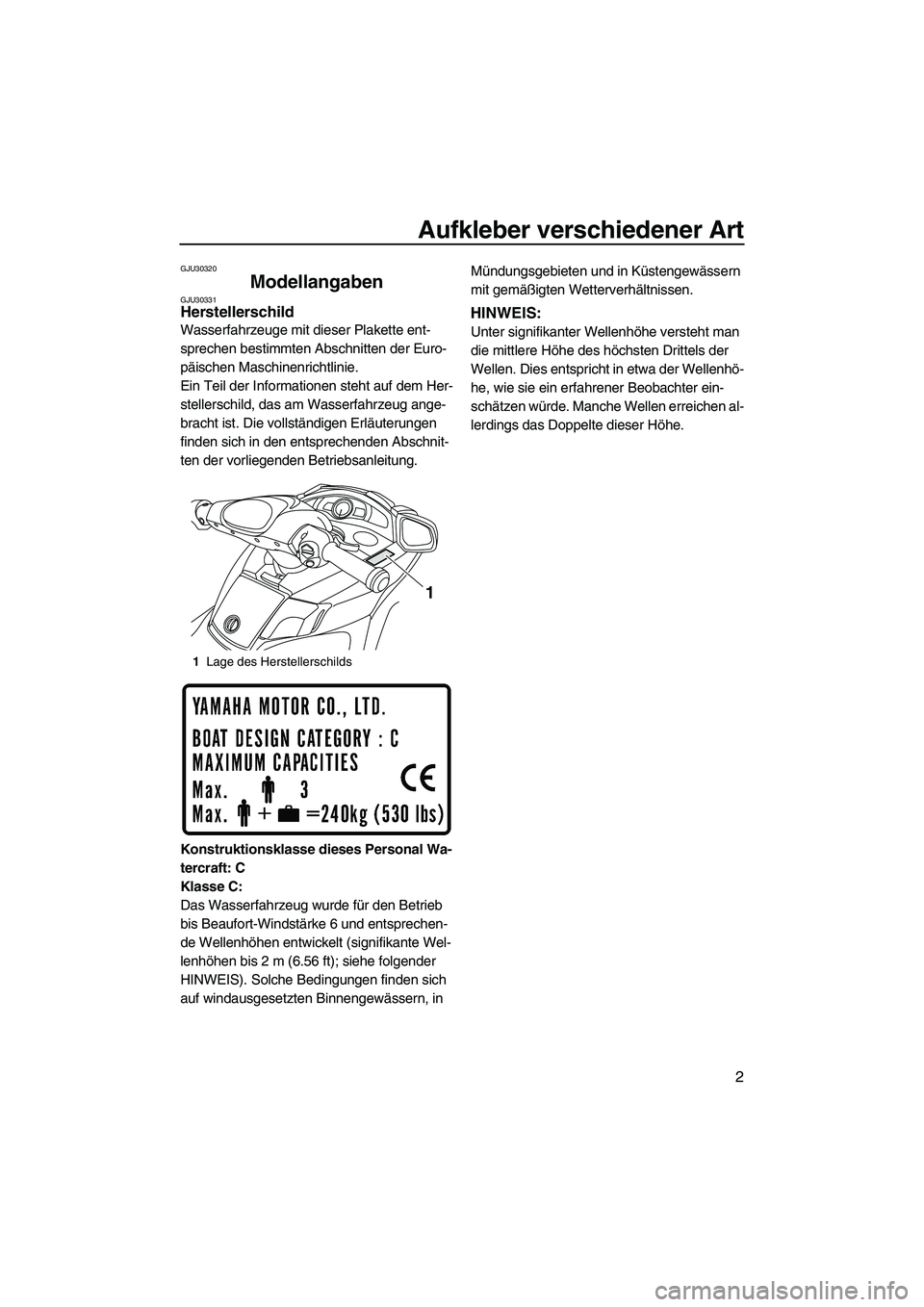 YAMAHA SVHO 2009 Betriebsanleitungen (in German) Aufkleber verschiedener Art
2
GJU30320
Modellangaben GJU30331Herstellerschild
Wasserfahrzeuge mit dieser Plakette ent-
sprechen bestimmten Abschnitten der Euro-
päischen Maschinenrichtlinie.
Ein Tei YAMAHA SVHO 2009 Betriebsanleitungen (in German) Aufkleber verschiedener Art
2
GJU30320
Modellangaben GJU30331Herstellerschild
Wasserfahrzeuge mit dieser Plakette ent-
sprechen bestimmten Abschnitten der Euro-
päischen Maschinenrichtlinie.
Ein Tei
