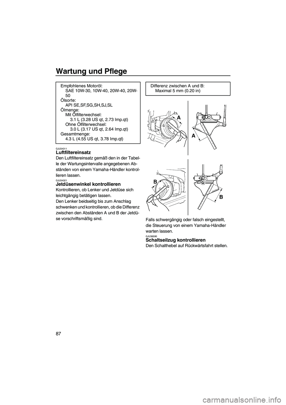 YAMAHA SVHO 2009  Betriebsanleitungen (in German) Wartung und Pflege
87
GJU34311Luftfiltereinsatz 
Den Luftfiltereinsatz gemäß den in der Tabel-
le der Wartungsintervalle angegebenen Ab-
ständen von einem Yamaha-Händler kontrol-
lieren lassen.
GJ
