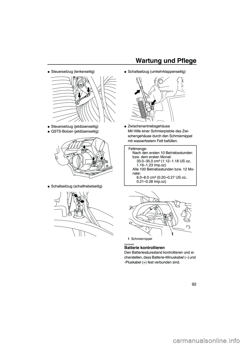YAMAHA SVHO 2009  Betriebsanleitungen (in German) Wartung und Pflege
92
Steuerseilzug (lenkerseitig)
Steuerseilzug (jetdüsenseitig)
QSTS-Bolzen (jetdüsenseitig)
Schaltseilzug (schalthebelseitig)
Schaltseilzug (umkehrklappenseitig)
Zwischenant