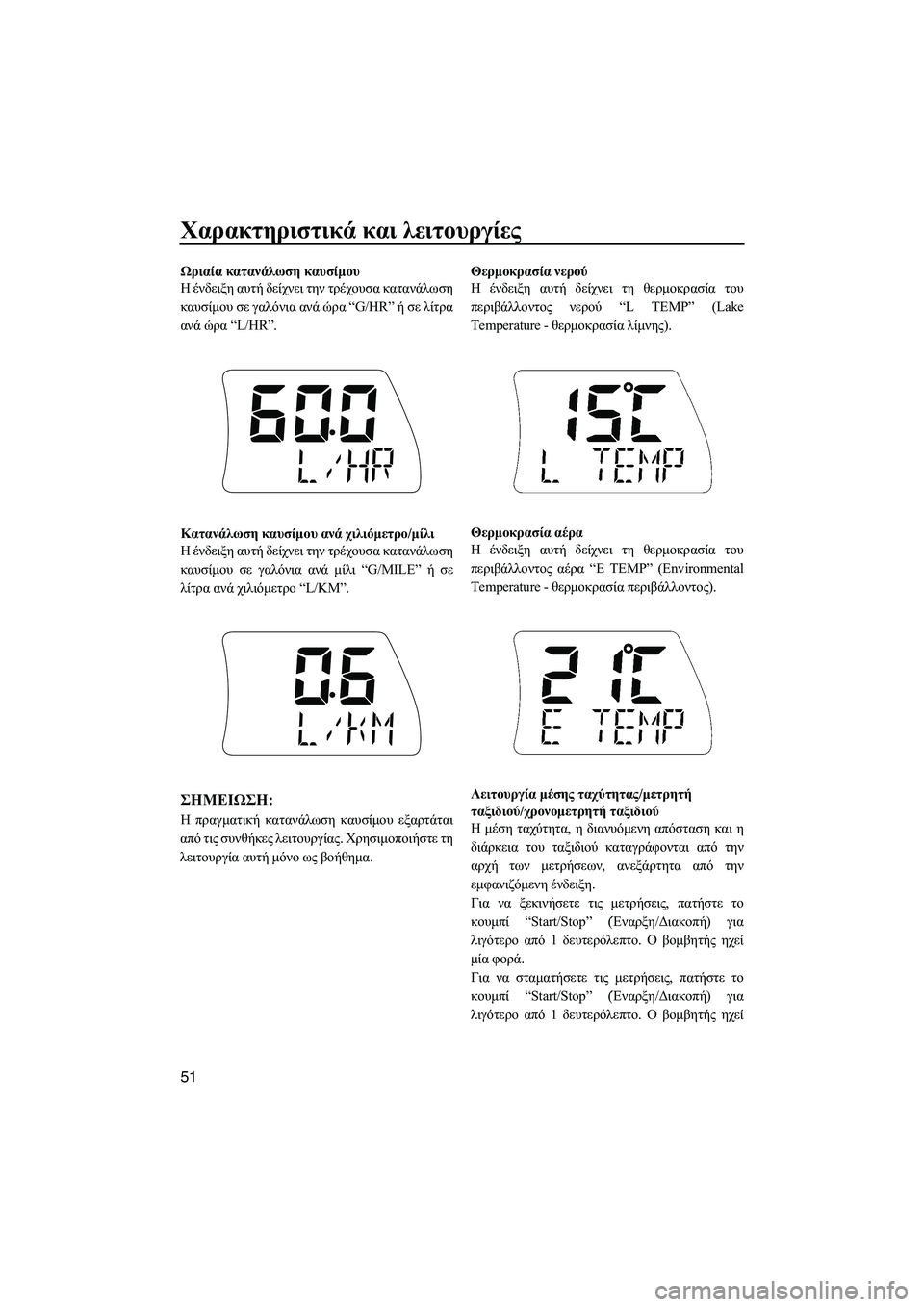 YAMAHA FX SHO 2009 ΟΔΗΓΌΣ ΧΡΉΣΗΣ (in Greek) Χαρακτηριστικά και λειτουργίες
51
Ωριαία κατανάλωση καυσίµου
Η ένδειξη αυτή δείχνει την τρέχουσα κατανάλωση YAMAHA FX SHO 2009 ΟΔΗΓΌΣ ΧΡΉΣΗΣ (in Greek) Χαρακτηριστικά και λειτουργίες
51
Ωριαία κατανάλωση καυσίµου
Η ένδειξη αυτή δείχνει την τρέχουσα κατανάλωση