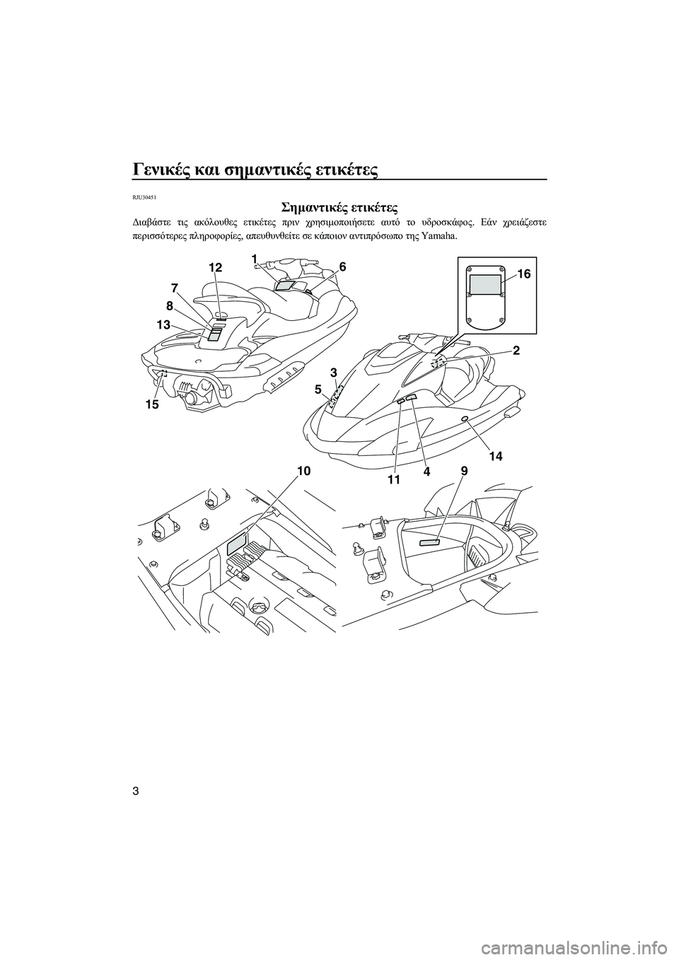 YAMAHA FX SHO 2009  ΟΔΗΓΌΣ ΧΡΉΣΗΣ (in Greek) Γενικές και σηµαντικές ετικέτες
3
RJU30451
Σηµαντικές ετικέτες 
∆ιαβάστε τις ακόλουθες ετικέτες πριν χρησιµοποι