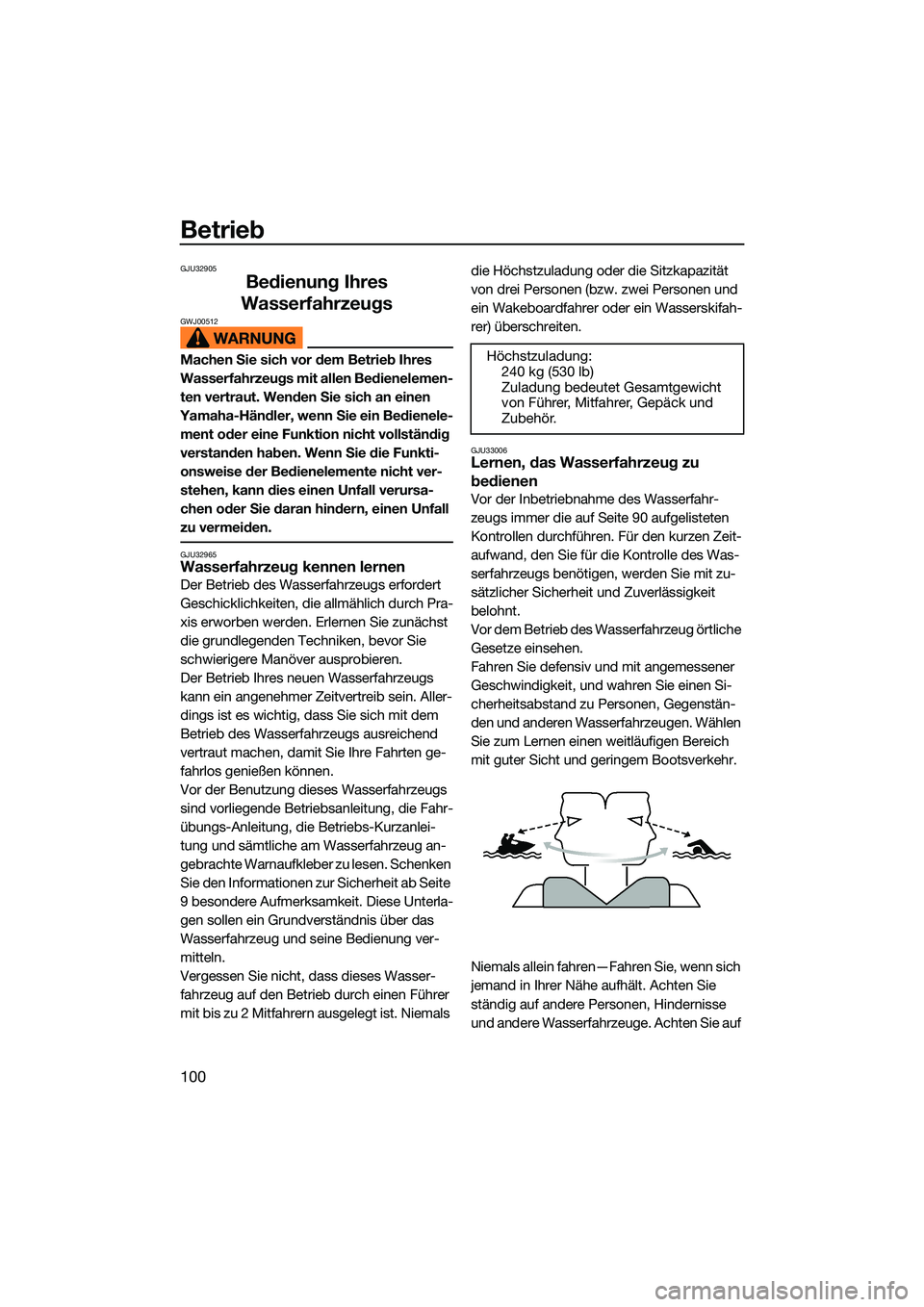 YAMAHA FX SVHO 2022 Betriebsanleitungen (in German) Betrieb
100
GJU32905
Bedienung Ihres
Wasserfahrzeugs
GWJ00512
Machen Sie sich vor dem Betrieb Ihres
Wasserfahrzeugs mit allen Bedienelemen-
ten vertraut. Wenden Sie sich an einen
Yamaha-Händler, w YAMAHA FX SVHO 2022 Betriebsanleitungen (in German) Betrieb
100
GJU32905
Bedienung Ihres
Wasserfahrzeugs
GWJ00512
Machen Sie sich vor dem Betrieb Ihres
Wasserfahrzeugs mit allen Bedienelemen-
ten vertraut. Wenden Sie sich an einen
Yamaha-Händler, w