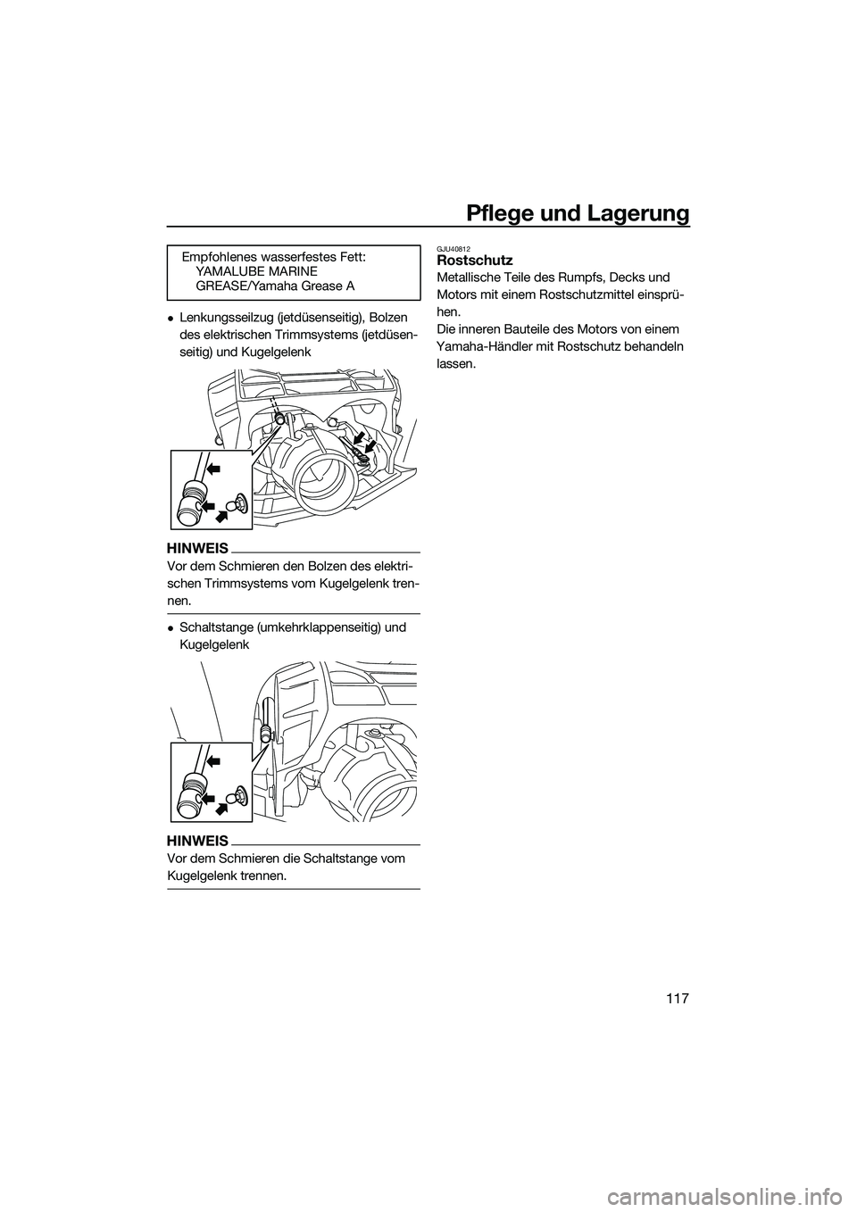 YAMAHA FX SVHO 2022  Betriebsanleitungen (in German) Pflege und Lagerung
117
Lenkungsseilzug (jetdüsenseitig), Bolzen 
des elektrischen Trimmsystems (jetdüsen-
seitig) und Kugelgelenk
HINWEIS
Vor dem Schmieren den Bolzen des elektri-
schen Trimmsys