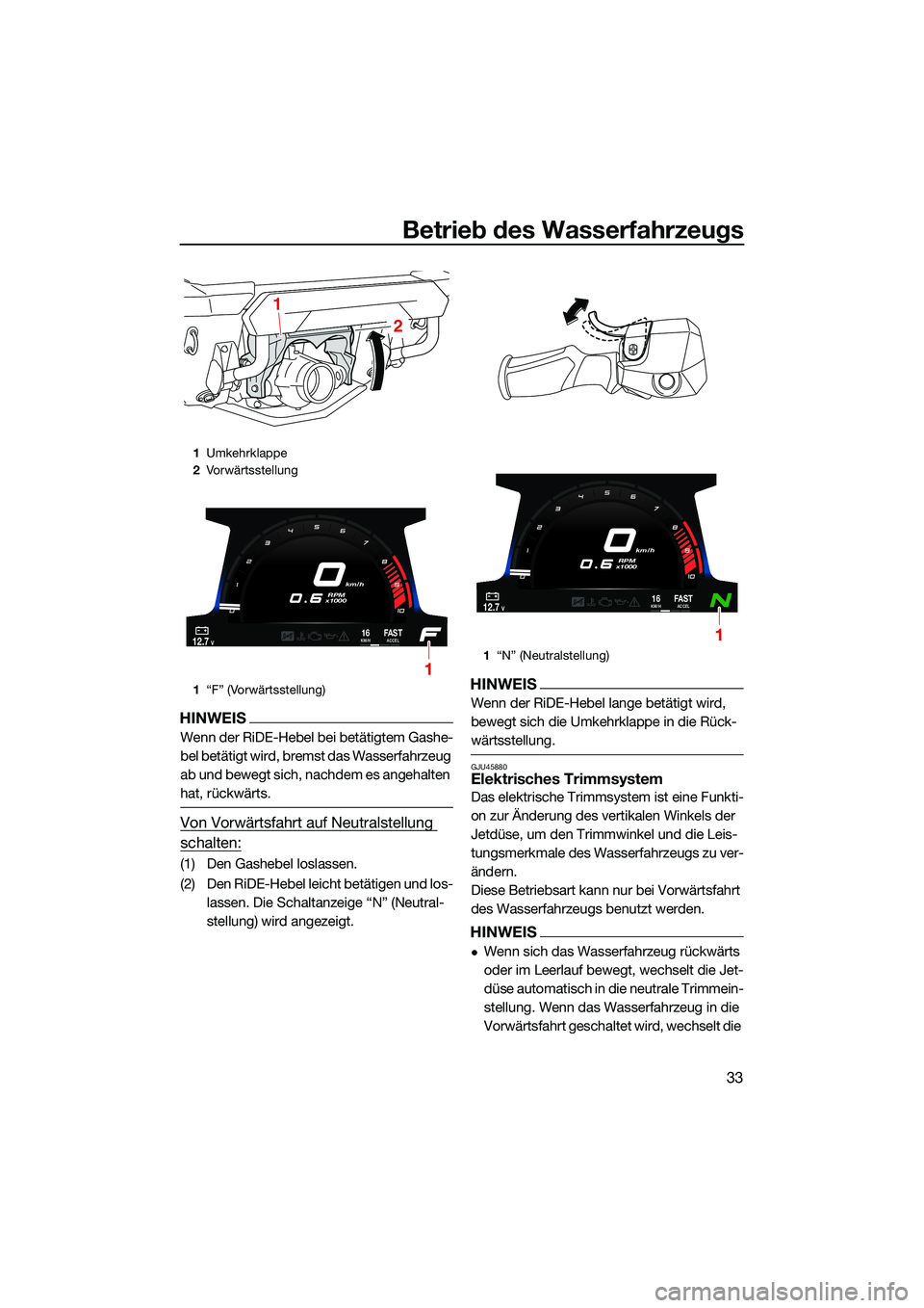 YAMAHA FX SVHO 2022 Betriebsanleitungen (in German) Betrieb des Wasserfahrzeugs
33
HINWEIS
Wenn der RiDE-Hebel bei betätigtem Gashe-
bel betätigt wird, bremst das Wasserfahrzeug
ab und bewegt sich, nachdem es angehalten
hat, rückwärts.
Von Vorwä YAMAHA FX SVHO 2022 Betriebsanleitungen (in German) Betrieb des Wasserfahrzeugs
33
HINWEIS
Wenn der RiDE-Hebel bei betätigtem Gashe-
bel betätigt wird, bremst das Wasserfahrzeug
ab und bewegt sich, nachdem es angehalten
hat, rückwärts.
Von Vorwä