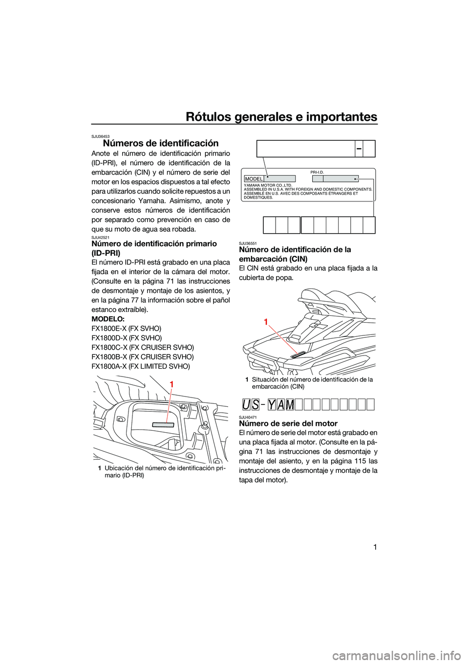 YAMAHA FX SVHO 2022  Manuale de Empleo (in Spanish) Rótulos generales e importantes
1
SJU36453
Números de identificación
Anote el número de identificación primario
(ID-PRI), el número de identificación de la
embarcación (CIN) y el número de se