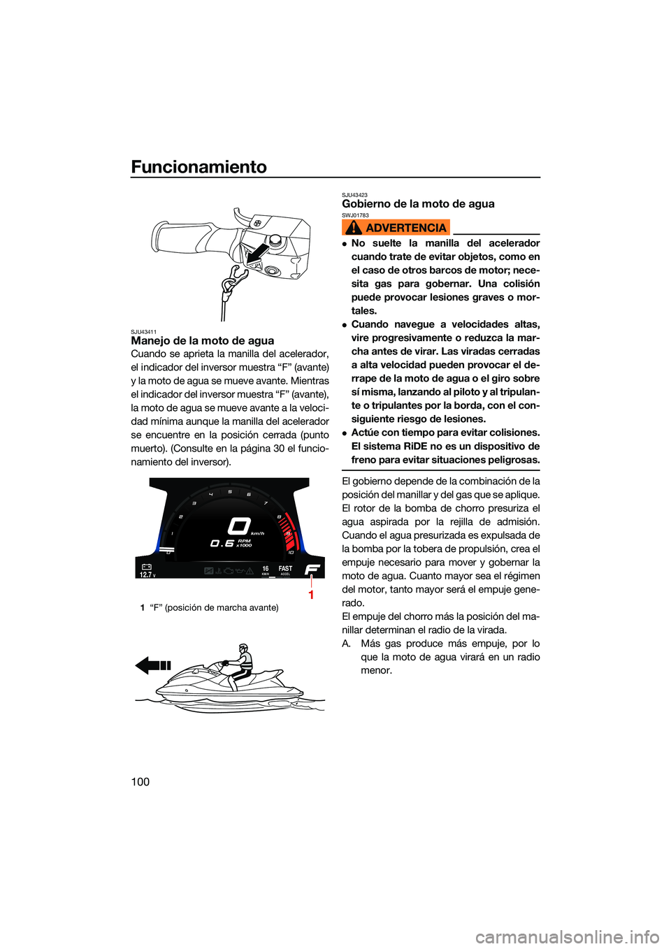 YAMAHA FX SVHO 2022 Manuale de Empleo (in Spanish) Funcionamiento
100
SJU43411Manejo de la moto de agua
Cuando se aprieta la manilla del acelerador,
el indicador del inversor muestra “F” (avante)
y la moto de agua se mueve avante. Mientras
el indi YAMAHA FX SVHO 2022 Manuale de Empleo (in Spanish) Funcionamiento
100
SJU43411Manejo de la moto de agua
Cuando se aprieta la manilla del acelerador,
el indicador del inversor muestra “F” (avante)
y la moto de agua se mueve avante. Mientras
el indi