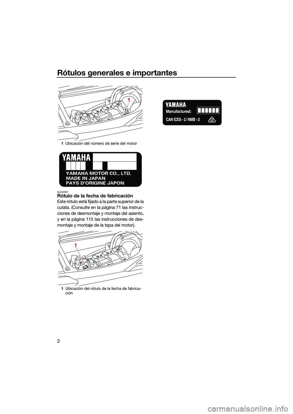 YAMAHA FX SVHO 2022  Manuale de Empleo (in Spanish) Rótulos generales e importantes
2
SJU42031Rótulo de la fecha de fabricación
Este rótulo está fijado a la parte superior de la
culata. (Consulte en la página 71 las instruc-
ciones de desmontaje 