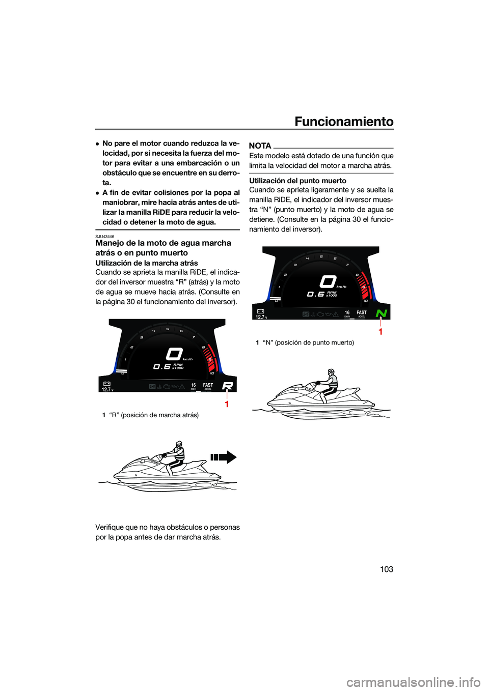 YAMAHA FX SVHO 2022 Manuale de Empleo (in Spanish) Funcionamiento
103
No pare el motor cuando reduzca la ve-
locidad, por si necesita la fuerza del mo-
tor para evitar a una embarcación o un
obstáculo que se encuentre en su derro-
ta.
A fin de YAMAHA FX SVHO 2022 Manuale de Empleo (in Spanish) Funcionamiento
103
No pare el motor cuando reduzca la ve-
locidad, por si necesita la fuerza del mo-
tor para evitar a una embarcación o un
obstáculo que se encuentre en su derro-
ta.
A fin de