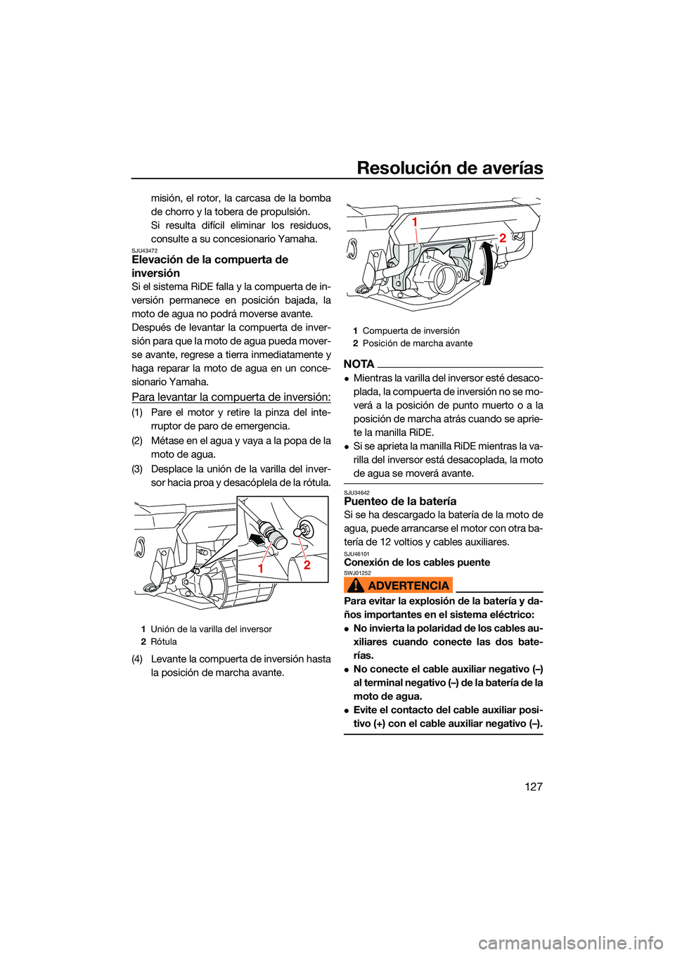 YAMAHA FX SVHO 2022 Manuale de Empleo (in Spanish) Resolución de averías
127
misión, el rotor, la carcasa de la bomba
de chorro y la tobera de propulsión.
Si resulta difícil eliminar los residuos,
consulte a su concesionario Yamaha.
SJU43472Eleva YAMAHA FX SVHO 2022 Manuale de Empleo (in Spanish) Resolución de averías
127
misión, el rotor, la carcasa de la bomba
de chorro y la tobera de propulsión.
Si resulta difícil eliminar los residuos,
consulte a su concesionario Yamaha.
SJU43472Eleva