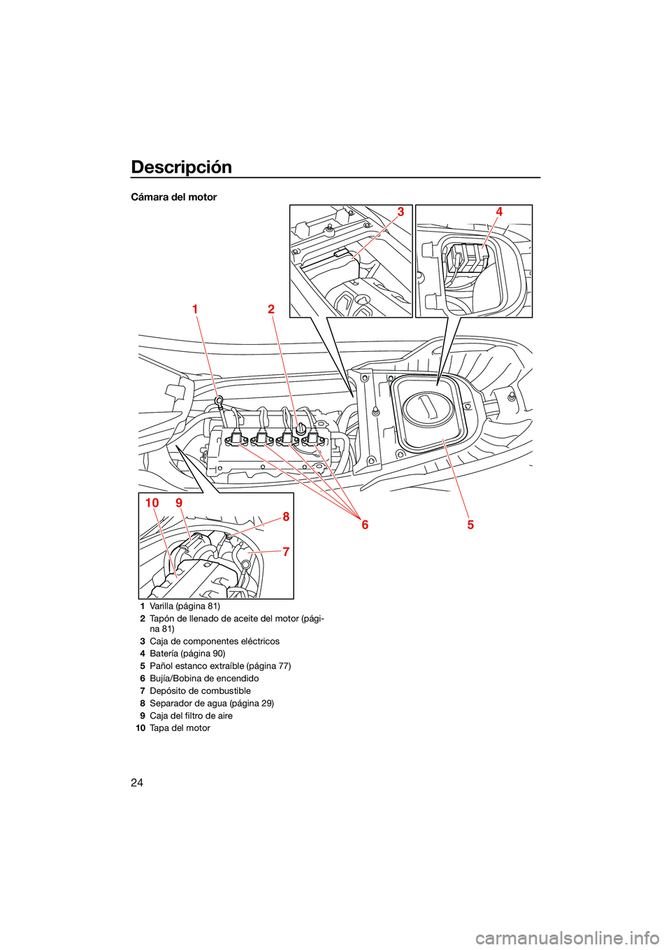 YAMAHA FX SVHO 2022  Manuale de Empleo (in Spanish) Descripción
24
Cámara del motor
12
5
7
8
9106
43
1Varilla (página 81)
2 Tapón de llenado de aceite del motor (pági-
na 81)
3 Caja de componentes eléctricos
4 Batería (página 90)
5 Pañol estan