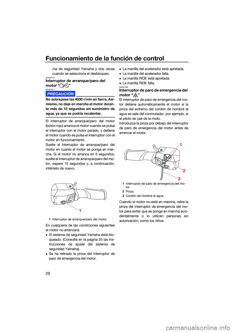 YAMAHA FX SVHO 2022  Manuale de Empleo (in Spanish) Funcionamiento de la función de control
26
ma de seguridad Yamaha y dos veces
cuando se selecciona el desbloqueo.
SJU46112Interruptor de arranque/paro del 
motor “ / ”
SCJ01311
No sobrepase las 4