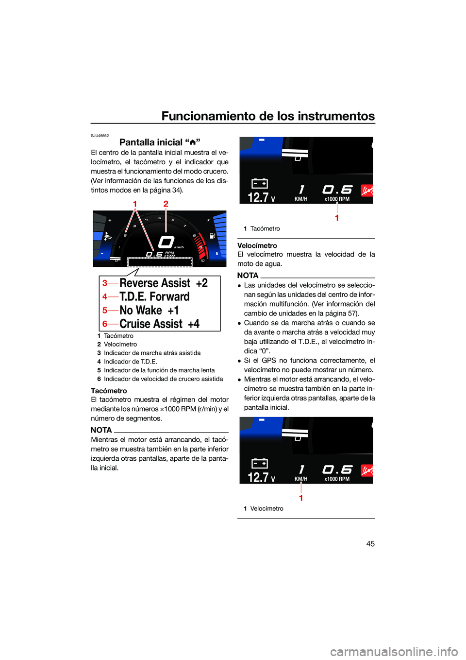YAMAHA FX SVHO 2022  Manuale de Empleo (in Spanish) Funcionamiento de los instrumentos
45
SJU46662
Pantalla inicial “ ”
El centro de la pantalla inicial muestra el ve-
locímetro, el tacómetro y el indicador que
muestra el funcionamiento del modo 