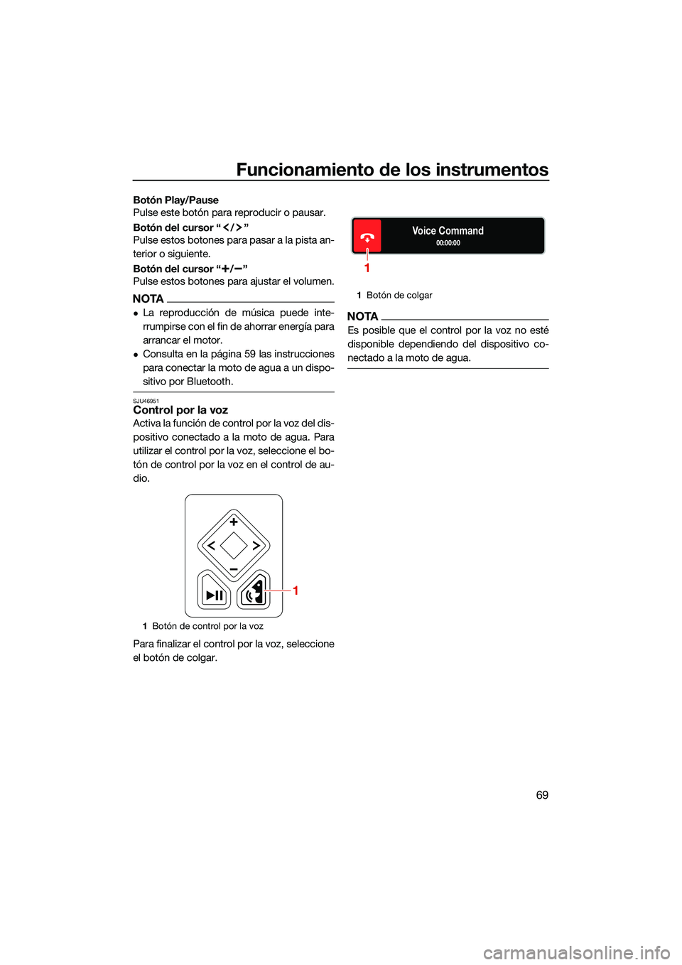 YAMAHA FX SVHO 2022  Manuale de Empleo (in Spanish) Funcionamiento de los instrumentos
69
Botón Play/Pause
Pulse este botón para reproducir o pausar.
Botón del cursor “ / ”
Pulse estos botones para pasar a la pista an-
terior o siguiente.
Botón