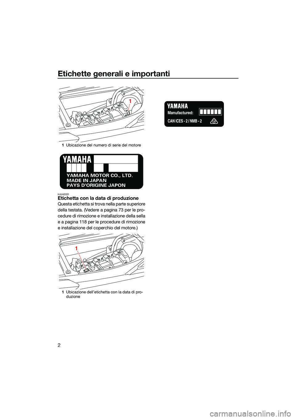 YAMAHA FX SVHO 2022  Manuale duso (in Italian) Etichette generali e importanti
2
HJU42031Etichetta con la data di produzione
Questa etichetta si trova nella parte superiore
della testata. (Vedere a pagina 73 per le pro-
cedure di rimozione e insta