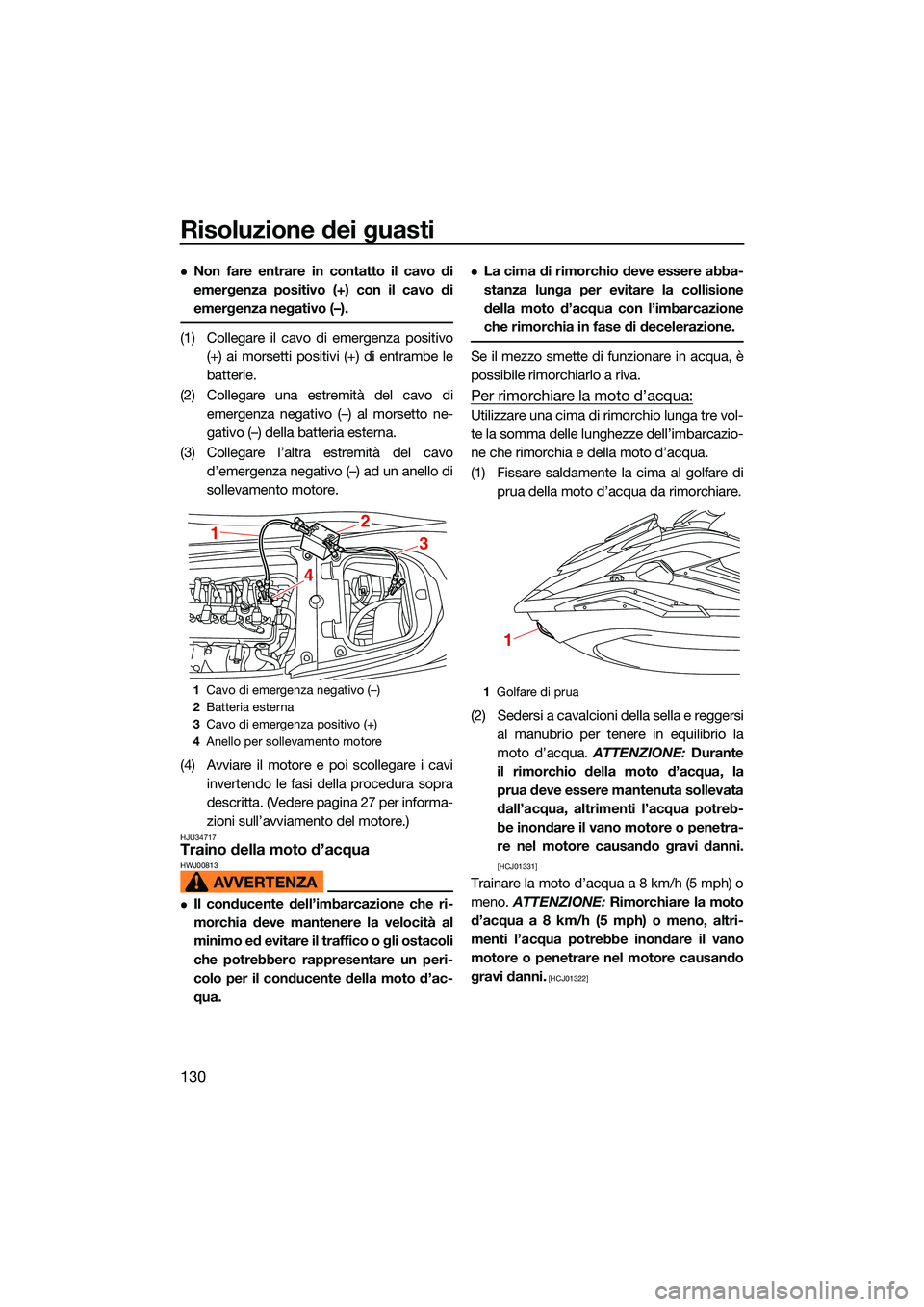 YAMAHA FX SVHO 2022 Manuale duso (in Italian) Risoluzione dei guasti
130
Non fare entrare in contatto il cavo di
emergenza positivo (+) con il cavo di
emergenza negativo (–).
(1) Collegare il cavo di emergenza positivo(+) ai morsetti positiv YAMAHA FX SVHO 2022 Manuale duso (in Italian) Risoluzione dei guasti
130
Non fare entrare in contatto il cavo di
emergenza positivo (+) con il cavo di
emergenza negativo (–).
(1) Collegare il cavo di emergenza positivo(+) ai morsetti positiv